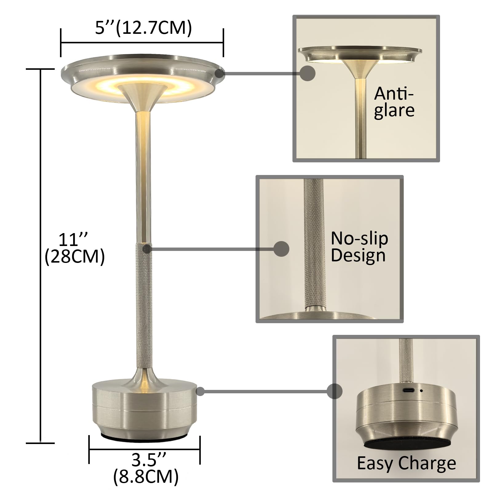 Reddragon Lighting Dimmable Brushed Nickel Silver Cordless Table Lamp Rechargeable, Portable Small Mushroom Battery Table Light Usb Bedside Desk Lamp For Dinning Room, Living Room, Bedroom, Outdoor Patio (Silver)