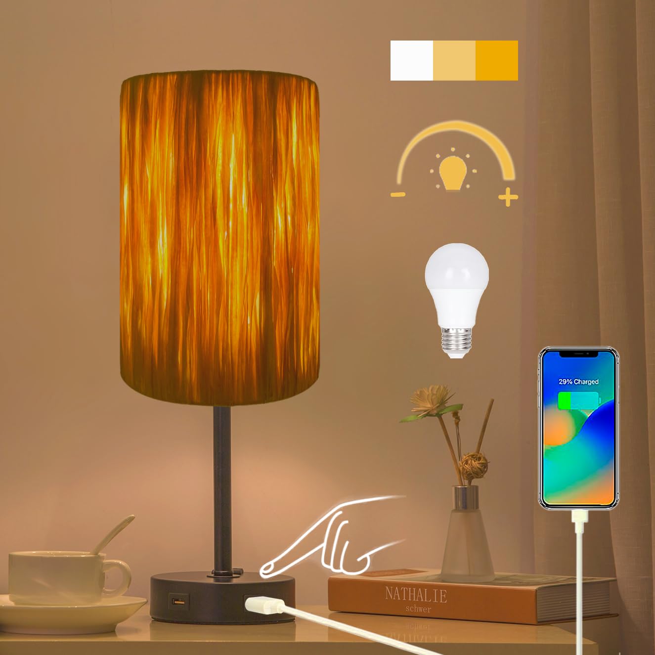 Yovomee Handwoven Round Raffia Shade Ambient Table Lamp,Bedside Table Lamp,Touch Lamps For Night Table, Usb Ports And Outlets,3-Color And Stepless Dimming For Bedrooms,Living Room (Led Bulb Included)