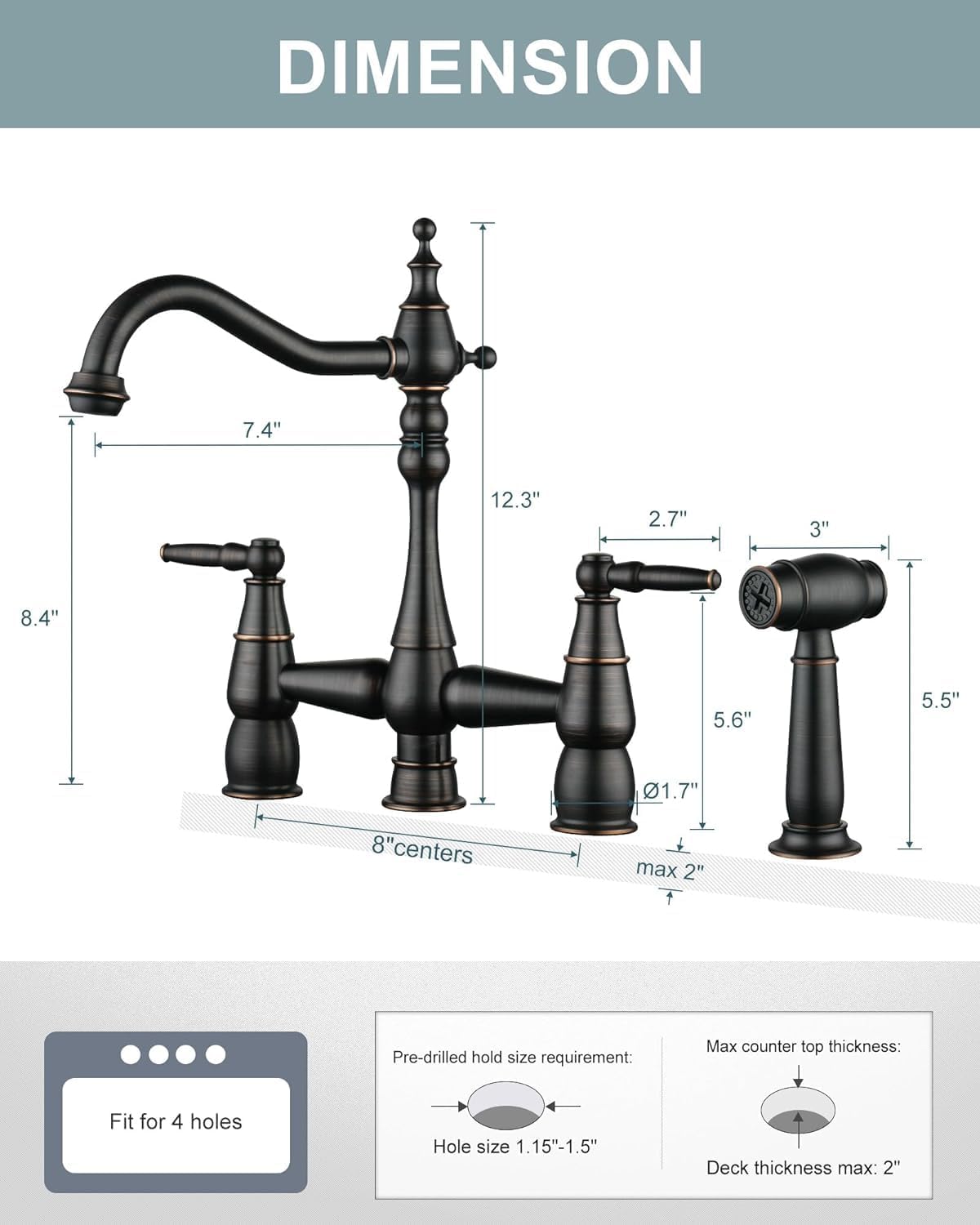 Aleasha Bridge Centerset Kitchen Sink Faucet, Deck Mount Brass Kitchen Faucet With Side Sprayer, 2 Handle 4 Hole 360° Swivel Vintage Farmhouse Copper Faucet, Oil Rubbed Bronze