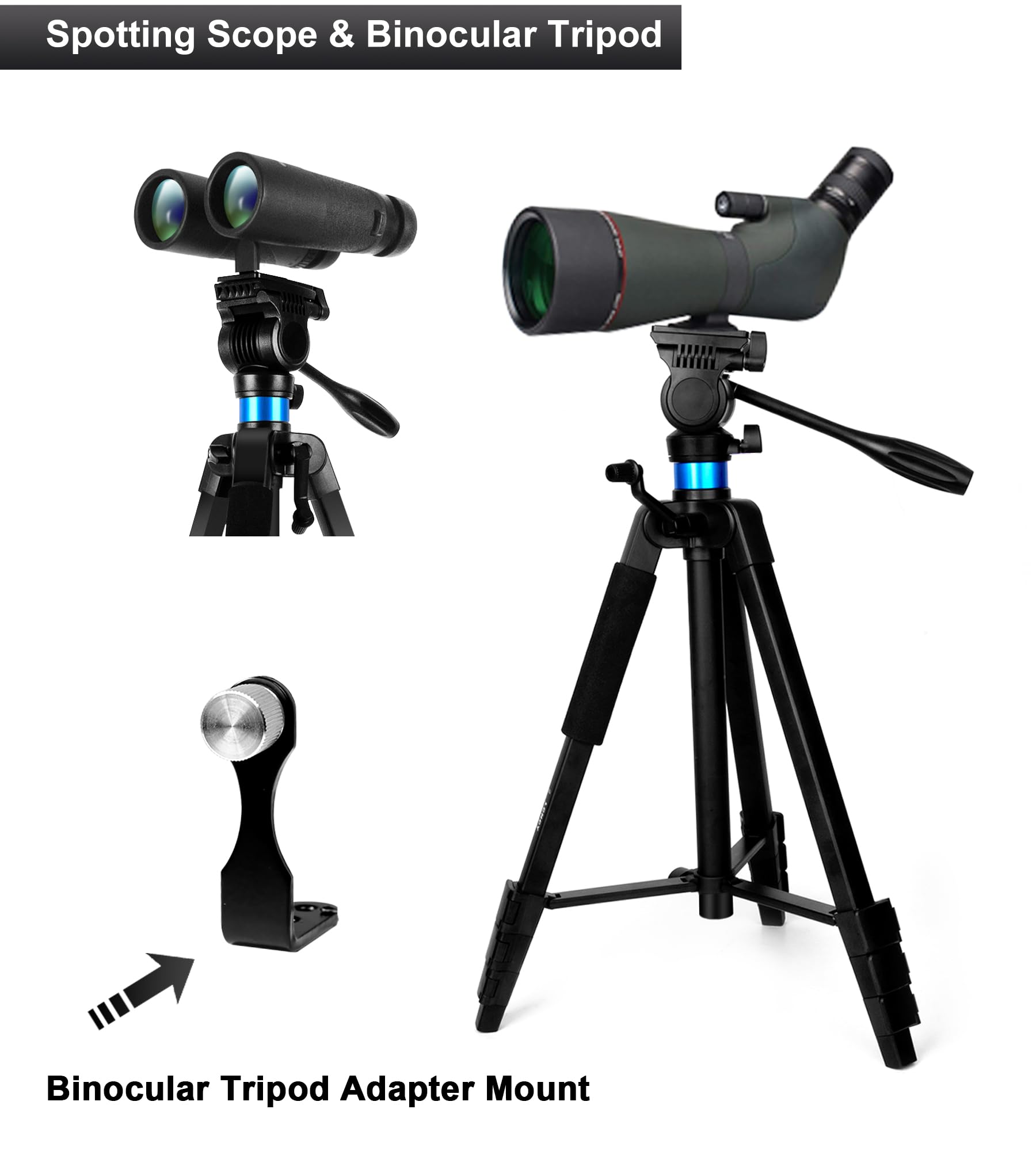 Lcncy 68 Inch Binocular Or Spotting Scope And Shooting Tripod Hunting Rest V Yoke Stand, With Binoculars Adapter And Removable 360° Rotate Fluid Head, Compatible With Binoculars/Spotting Scope/Shooting/Dslr