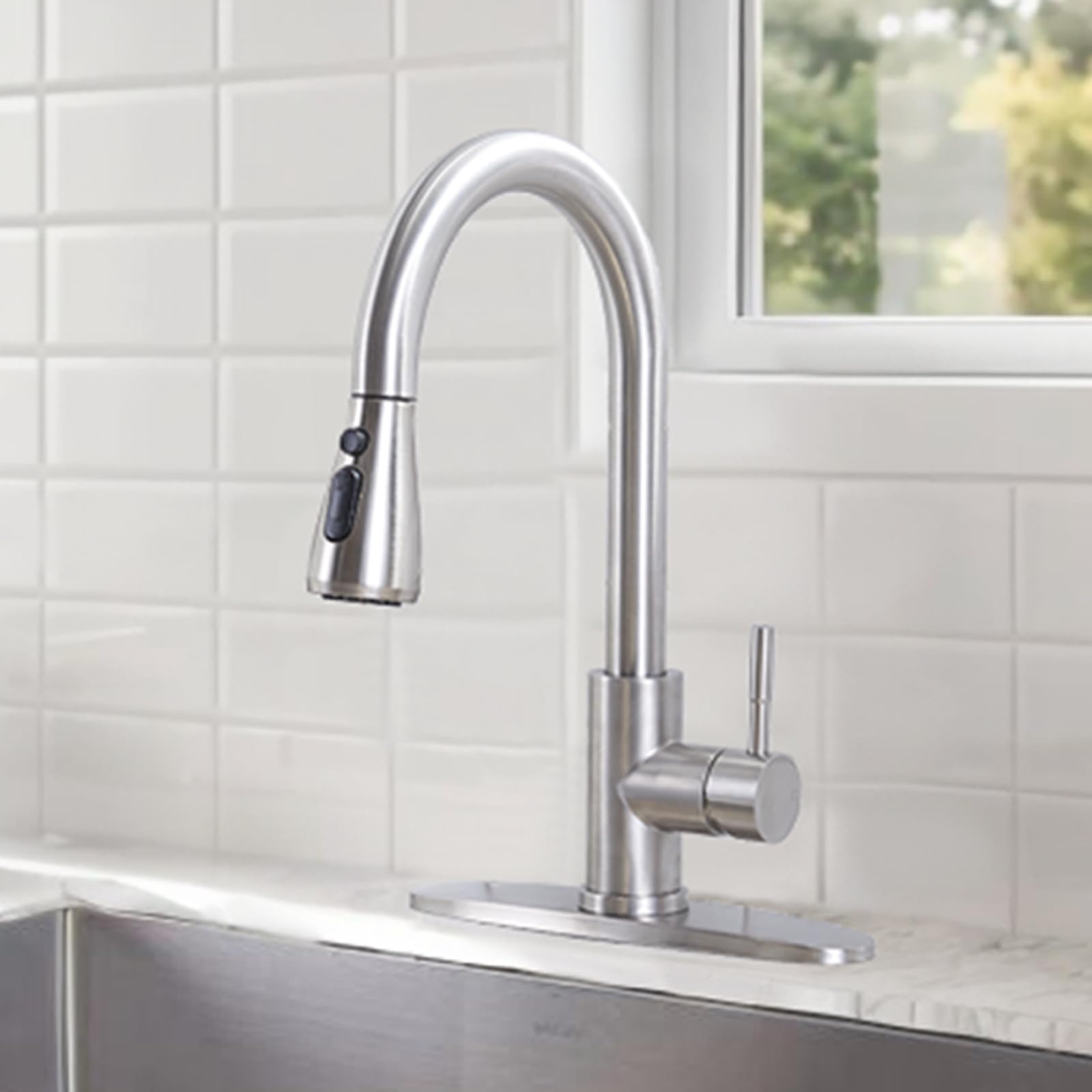 Hotis Home Hotis Kitchen Faucet With Pull Down Sprayer, High Arc Commercial Brushed Nickel Kitchen Sink Faucets, Small Rv Stainless Steel Single Handle Pull Out Faucet For Kitchen Sink With Deck Plate