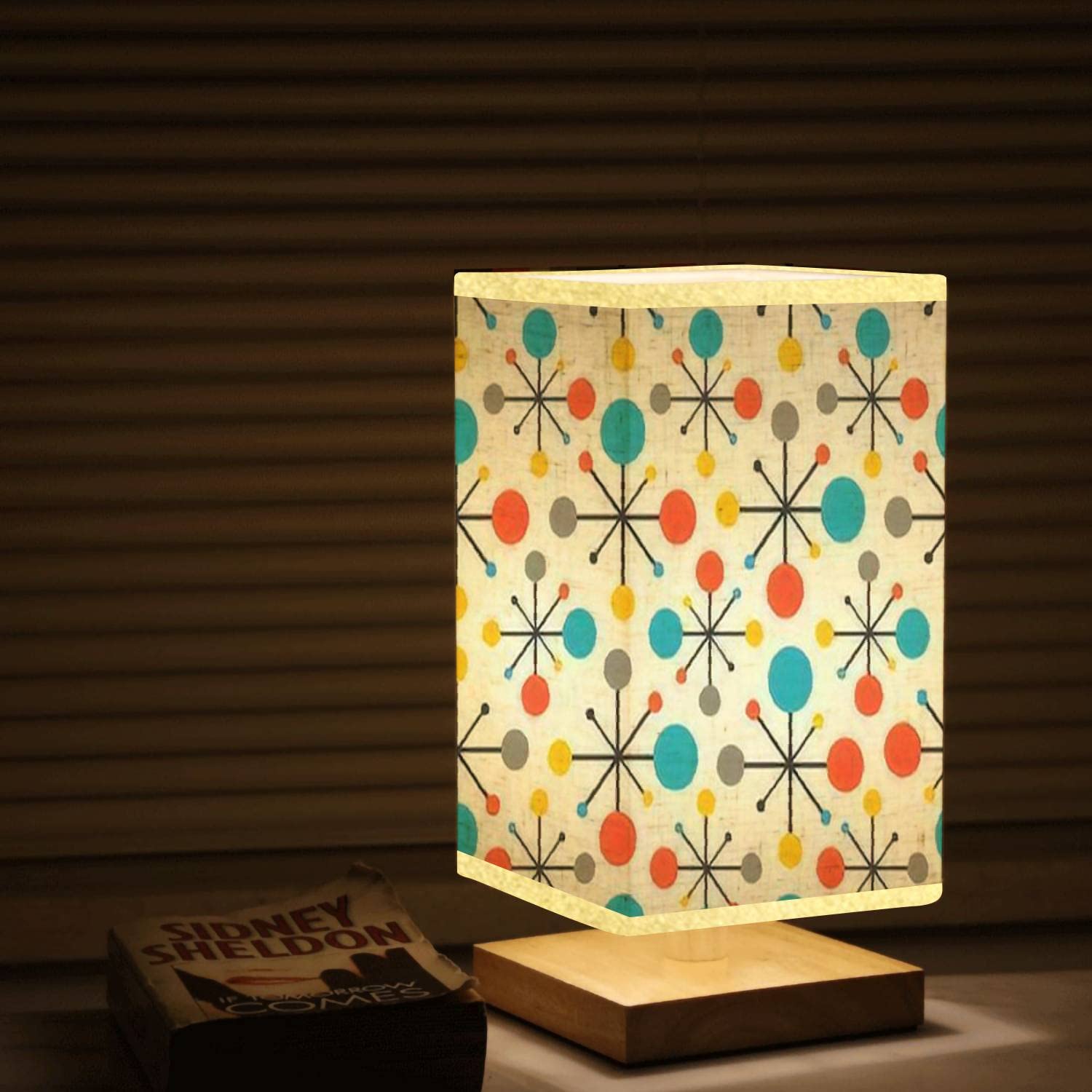 Svjklajfpi Square Bedside Table Lamp Mid Century Fifties Modern Atomic Retro Colors Seamless Wooden Base Fabric Shade Dimmable Nightstand Desk Lamp Living Room