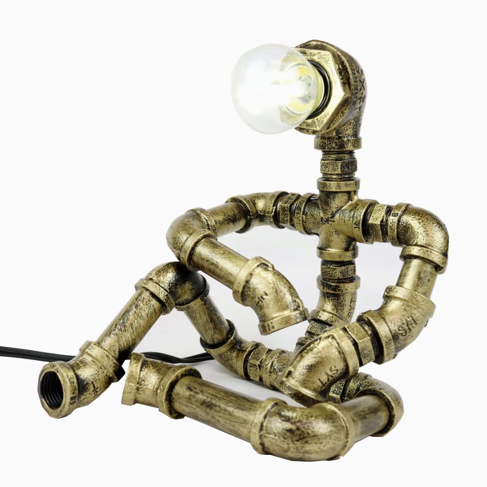 Pupery Steampunk Table Robot Lamps With 2 Bulbs,Retro Industrial Robot Desk Lamps Water Pipe Light For Office,Bedroom,Living Room In Bronze