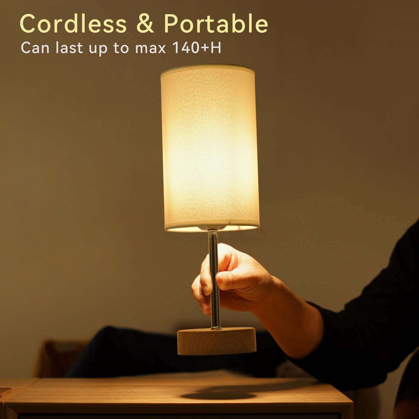 Baizhou Cordless Led Table Lamp, 5000Mah Rechargeable Bedside Small Lamp For Bedroom, Portable Touch Dimmable Battery Operated Lamp, Memory Ambient Light For Patio Restaurant Office(Wooden)