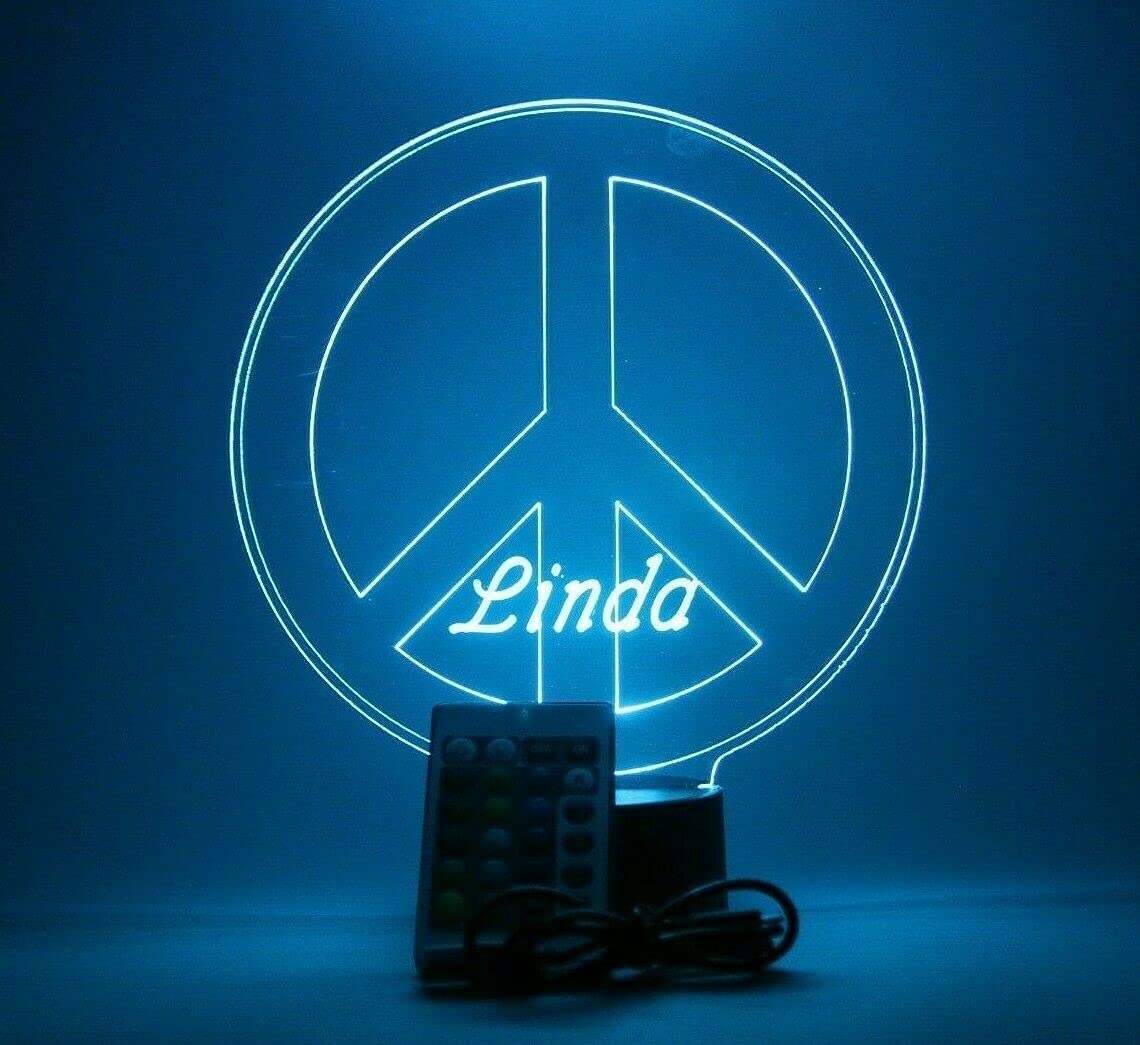 Mirror Mania Tranquility Serenity Harmony Peace Sign Light Up Table Desk Lamp Led Personalized Peace & Love Stand - It'S Wow, 16 Color Options With Remote, Dimmer, Engraved, Great