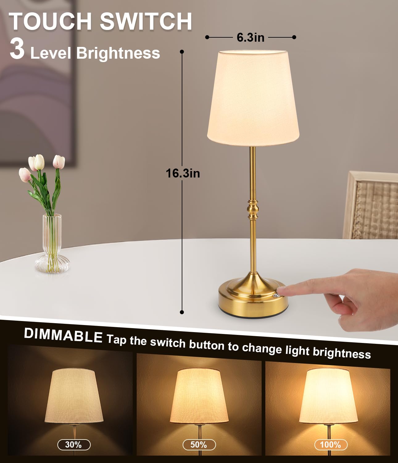Swinerton Rechargeable Lamp Cordless Led Table Lamp, 5000Mah Battery Operated, 3 Level Brightness, Portable Night Bedside Brass Lamp, Desk Light For Home Decor, Patio, Restaurant, Dinning