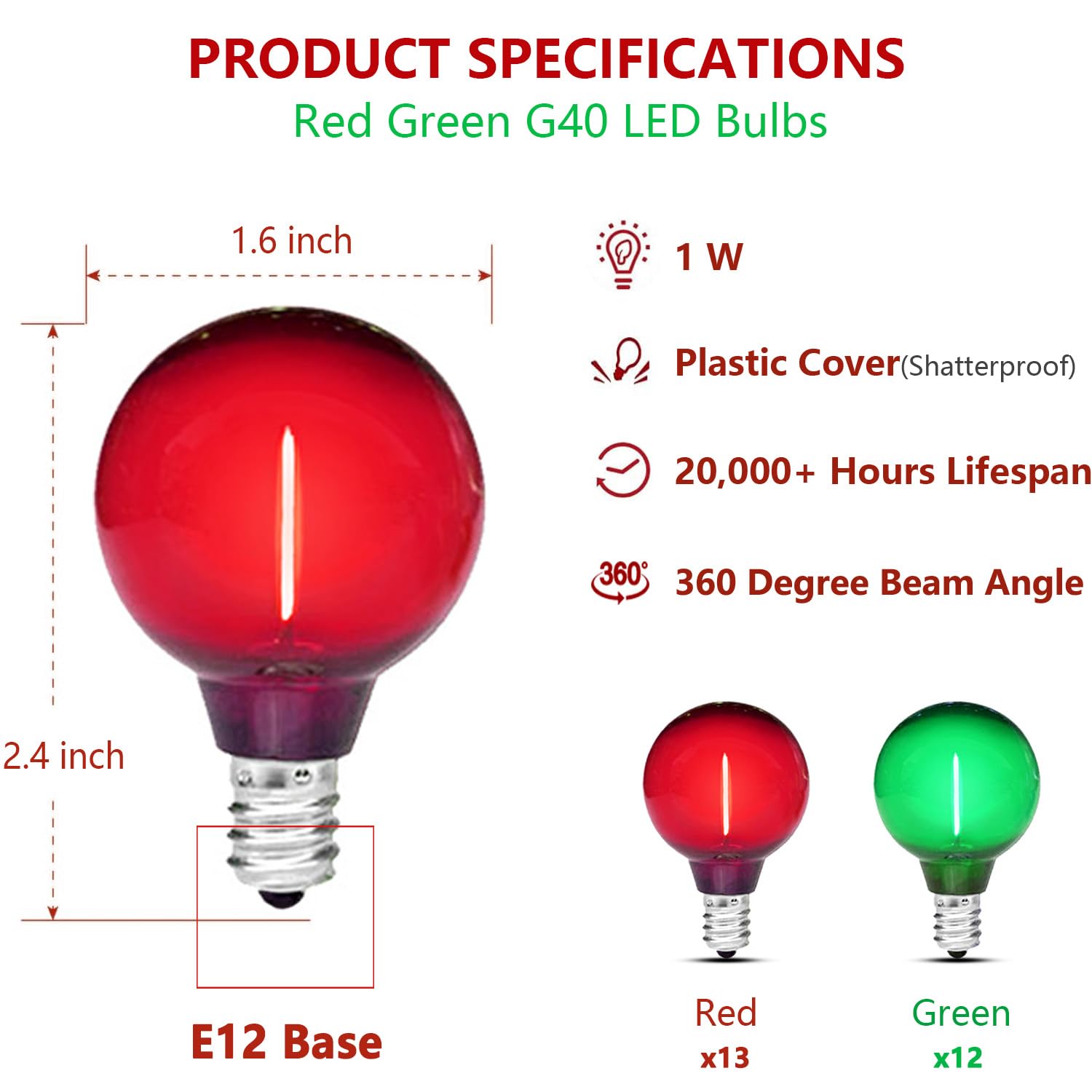 Guileduo 25 Pack G40 Led Red And Green Light Bulbs, 1 Watt Colored String Lights, Plastic Shatterproof E12 Base, Outdoor Replacement For Christmas Halloween, 120 Volt