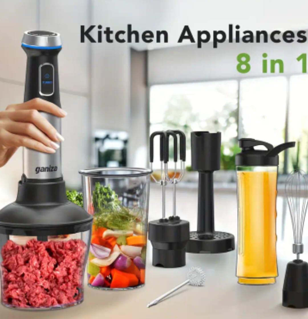 Uniqus 8-In-1 Immersion Hand Blender Set, Electric Food Processor With Chopper, Whisk, Smoothie Cup, Stainless Steel