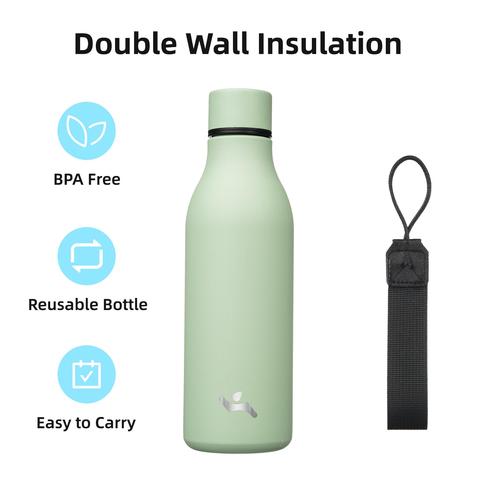 Insulated Water Bottle With Strap,18 Oz Double Wall Stainless Steel Vacuum Bottles Metal