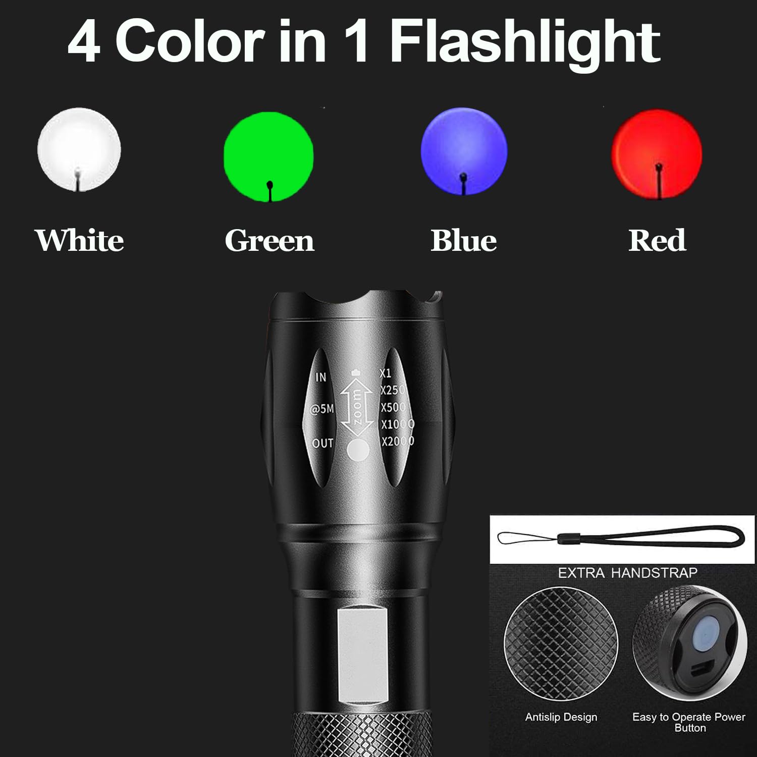 Mviocs Powerful Red Flashlight Rechargeable, Led Green Light Flashlight, Blue Light Flashlight, 4 Modes, Multi-Color 4 Color In 1 Led White Red Blue And Green Lights Flash Light, Zoomable Torch
