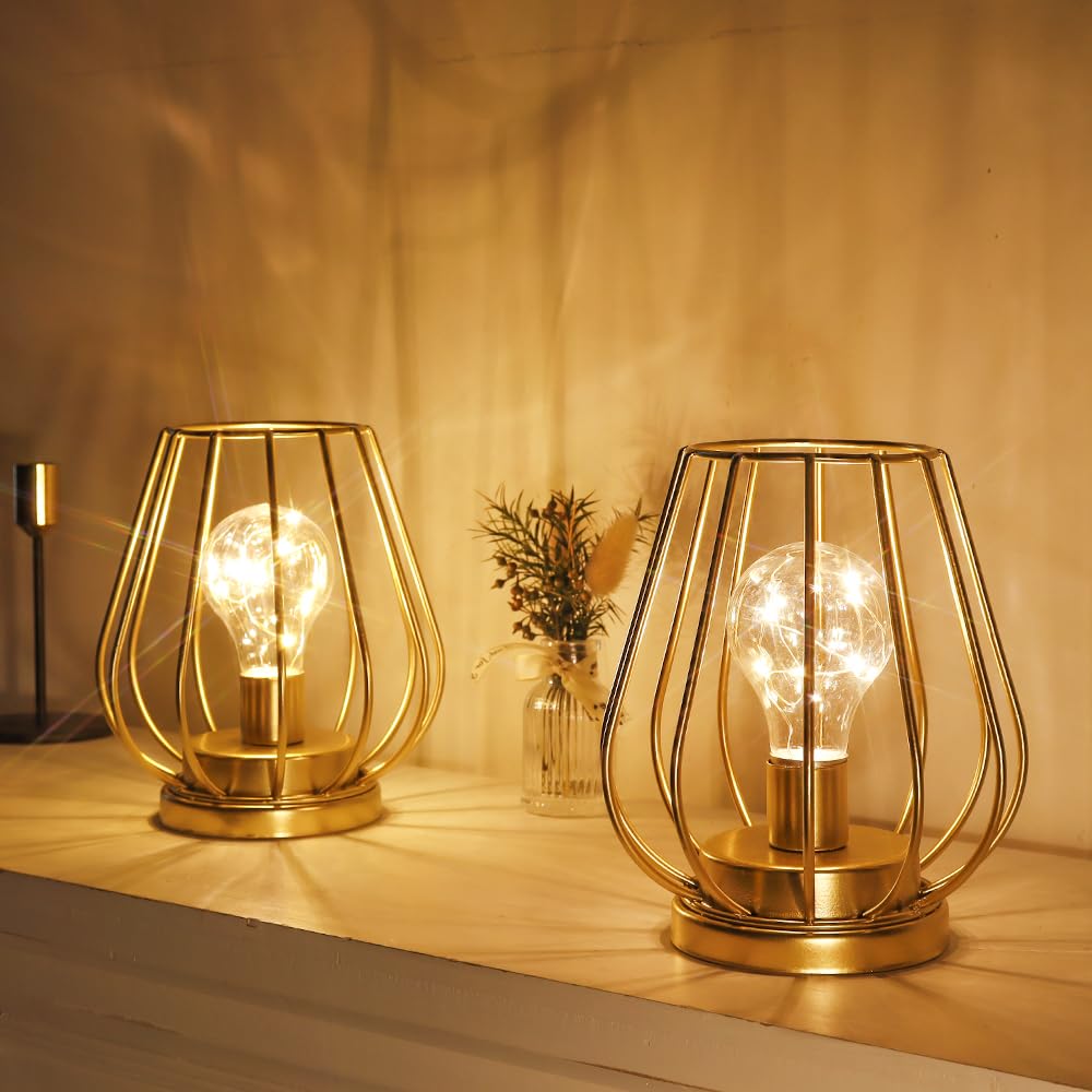 Trirocks Set Of 2 Metal Battery Operated Lamp 7'' Tall Cage Shape Cordless Table Lamp Battery Lanterns With Warm Fairy Lights Bulb For Patio Garden Wedding Parties Indoor Outdoor(Gold)