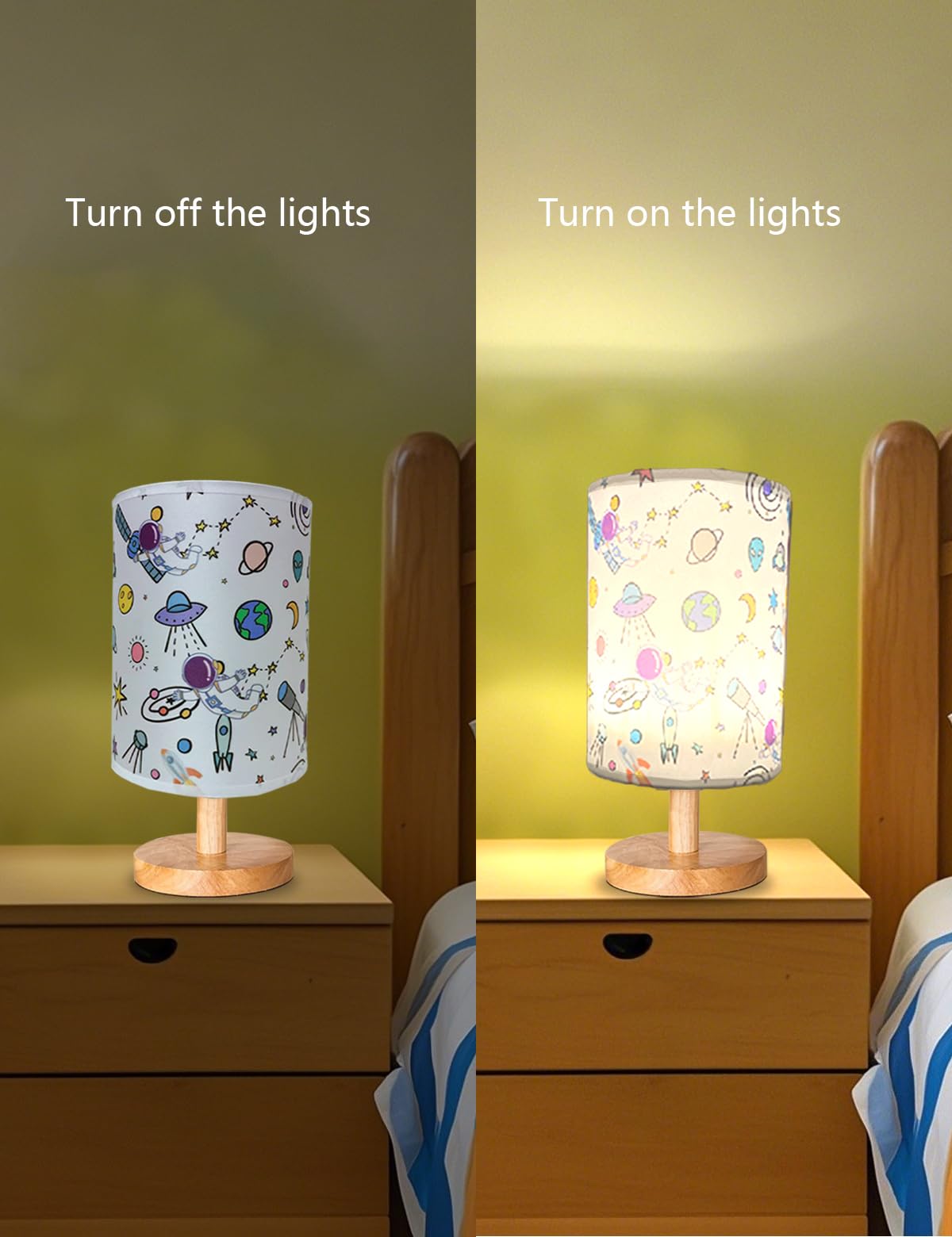 Gftdns Astronaut Kids Table Lamp, Astronauts Room Decor For Boys,3 Level Dimmable Wood Nightstand Desk Base Flaxen Fabric Shade For Bedroom Living Room,Astronauts For Boys