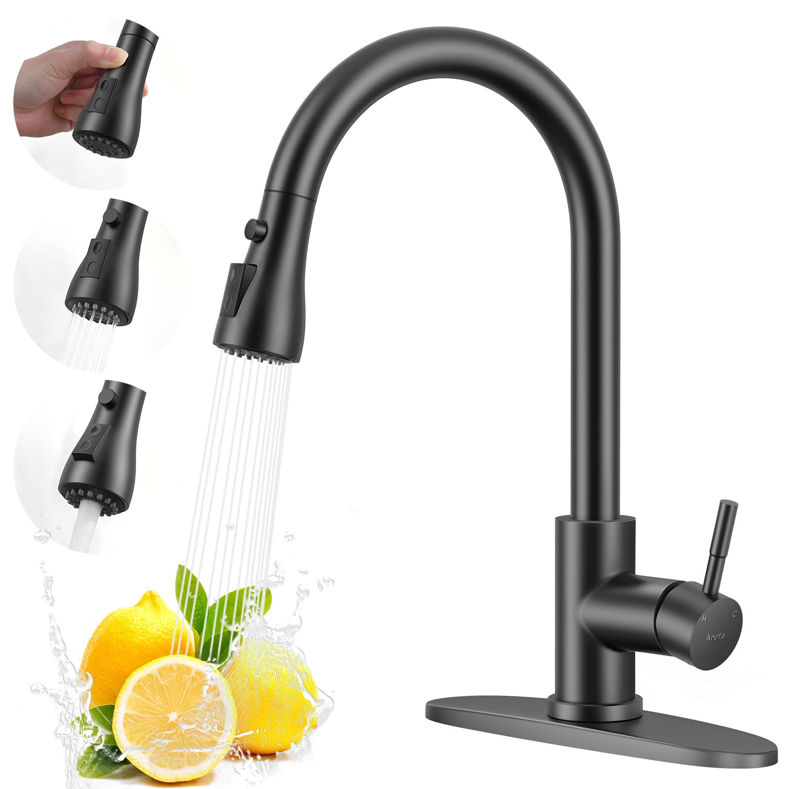 Arofa Matte Black Kitchen Faucet, Kitchen Sink Faucet With Pull Down Sprayer Single Handle Stainless Steel Commercial Modern For 1 Or 3 Hole Farmhouse Camper Laundry Utility Rv Bar Sinks