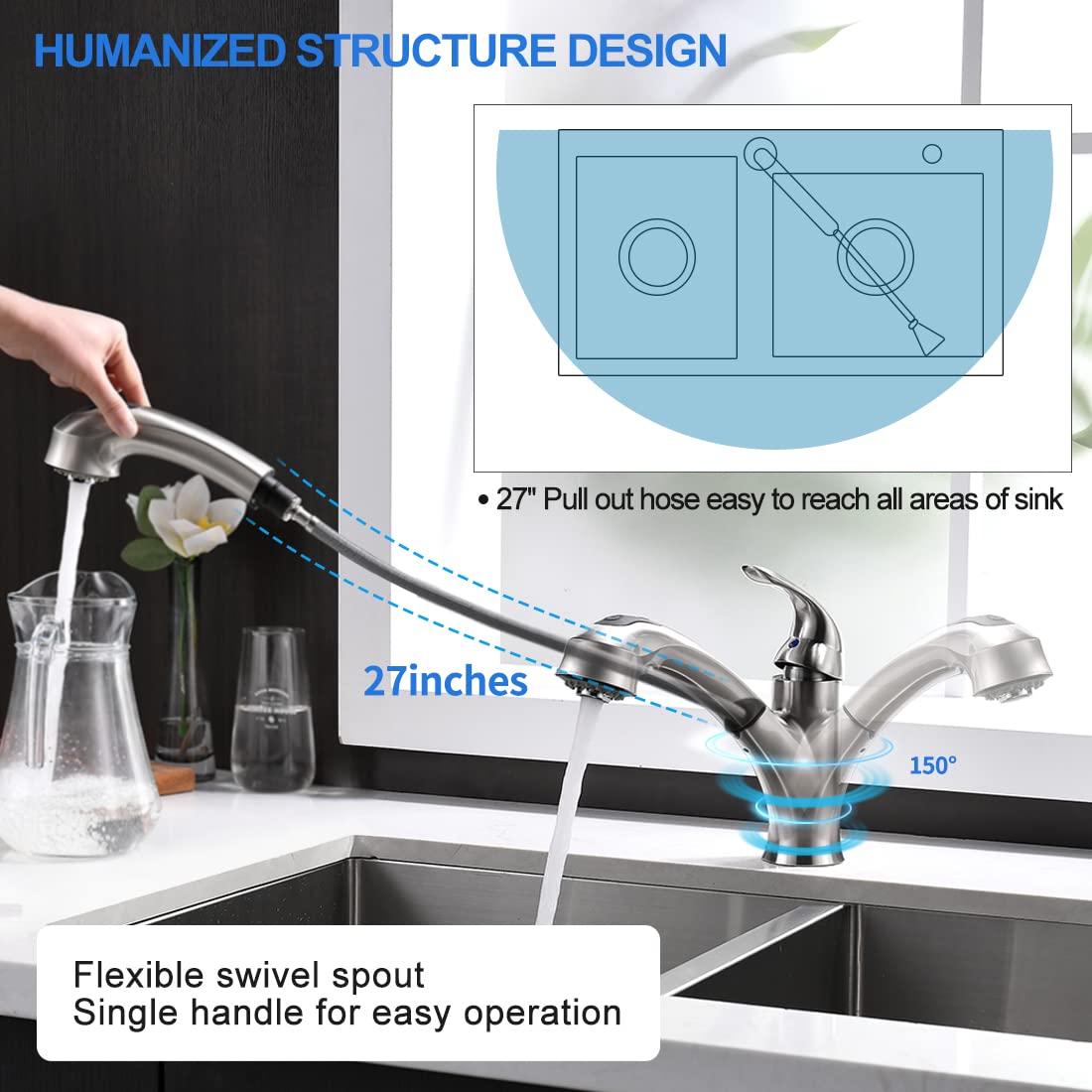 Bravebar Kitchen Faucet With Sprayer, Brushed Nickel Sink Pull Out Single Handle 1 Hole Solid Brass Commercial Rv 2 Modes & 150 Rotation & No Lead