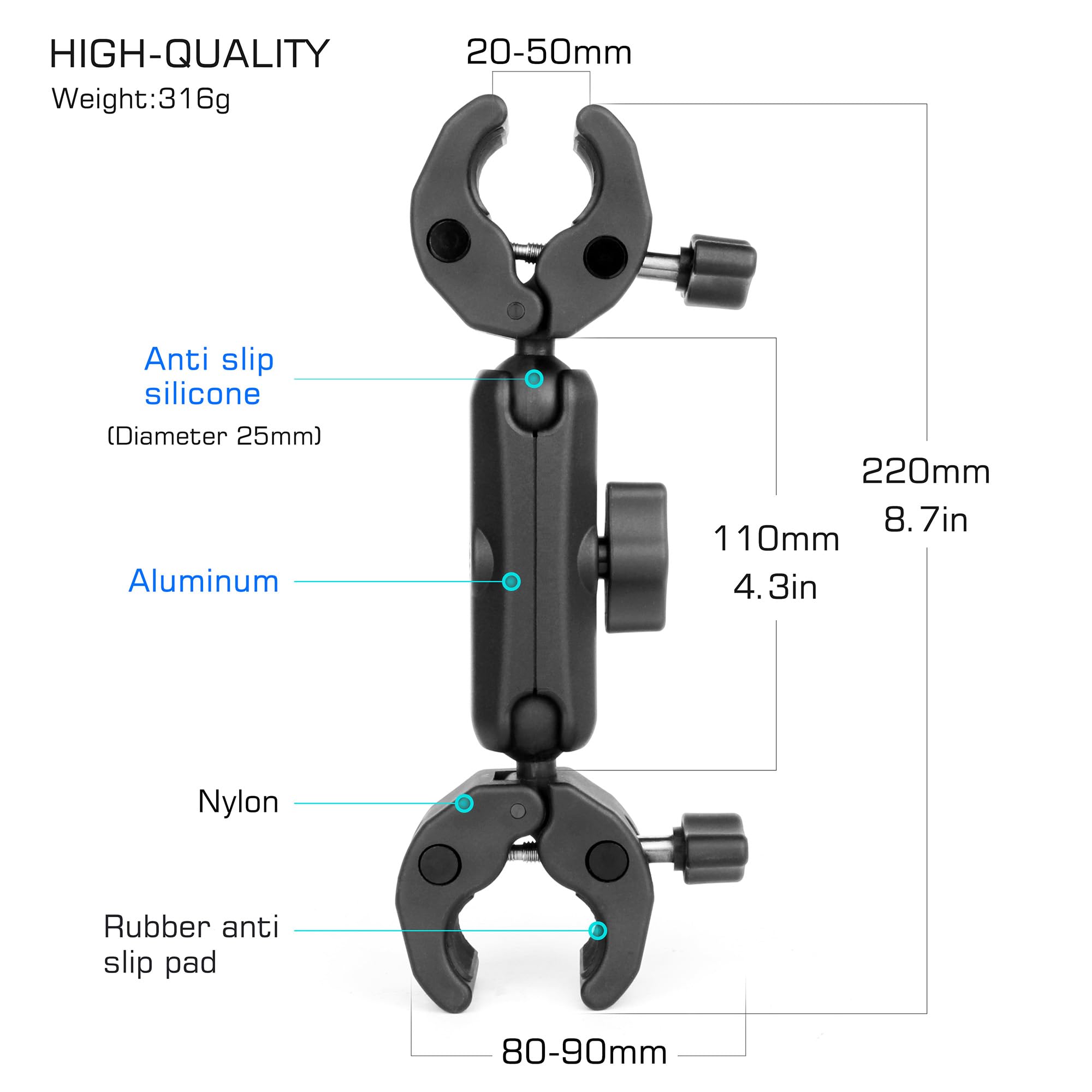 Gepuly Super Clamp Double Camera Clamp, 20-50Mm Aluminum Magic Arm Dual Ball Head Heavy Duty For Handlebar/Tripod/Photo Studio Light Stand/Umbrella Chair/Pole/Cross Bars/Motorcycle/Bike/Tabletop