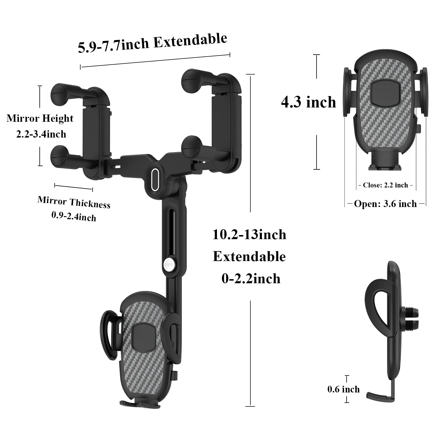 Miuolv Car Phone Holder For Rearview Mirror, 360 Rotatable And Retractable, Fits 4.0-7.0 Inch Smartphones, Mirror-Black