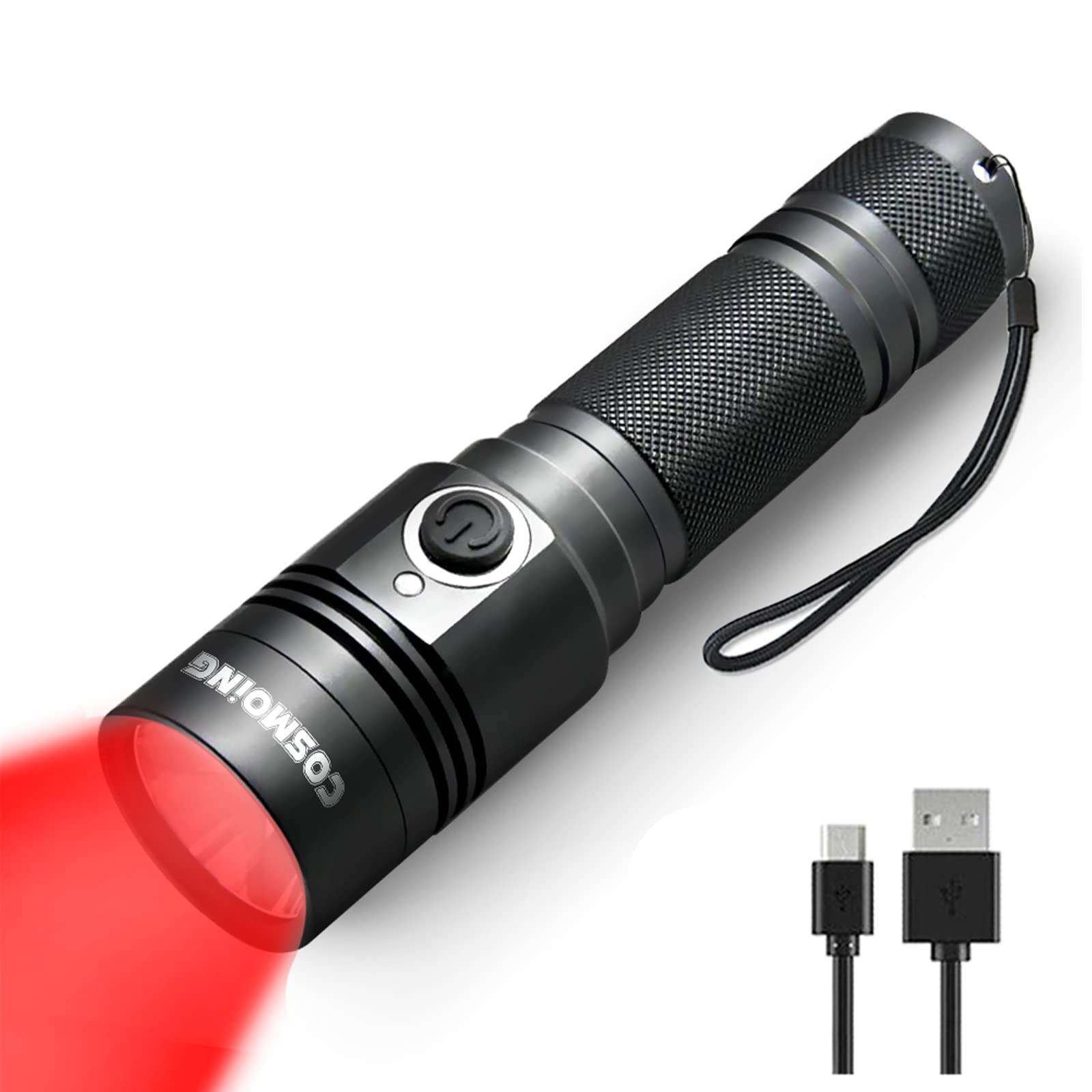 Cosmoing High Power Red Led Flashlight Rechargeable, 300 Yards Red Flashlight Ip65 Waterproof Red Light Torch For Night Observation, Camping