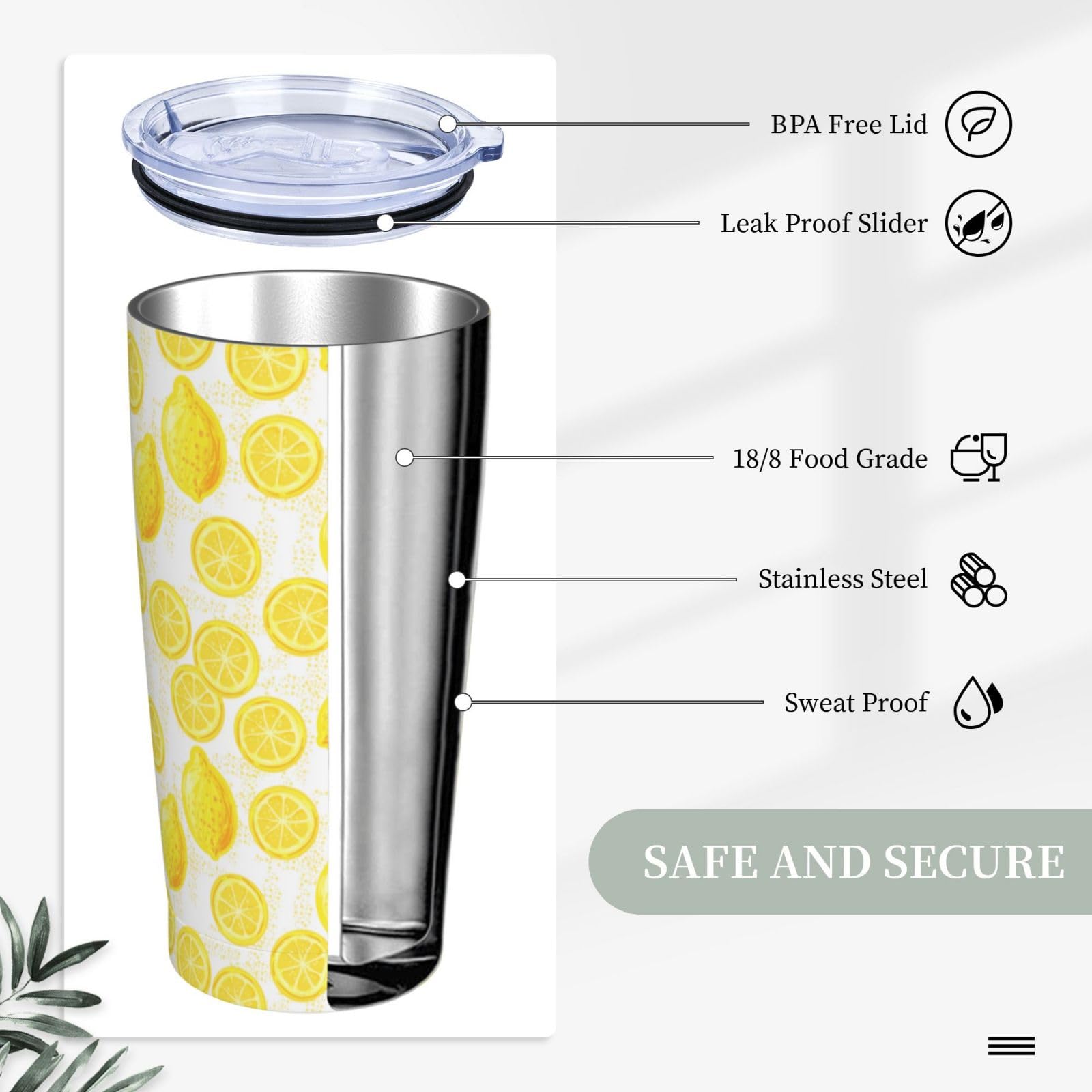 Lemon Tumbler 20Oz Fruit Stainless Steel Insulated Tumblers With Lid And Straw Fruits Travel Coffee