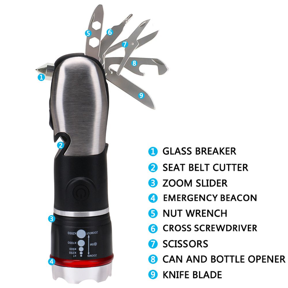 Ploarnovo Multi Tool Led Flashlight,Surivival Tools For Cars, Emergency And Camping, All In One Utility Torch Light With Hammer Seatbelt Cutter Knief Bottle Opener Scissors Screwdrivers
