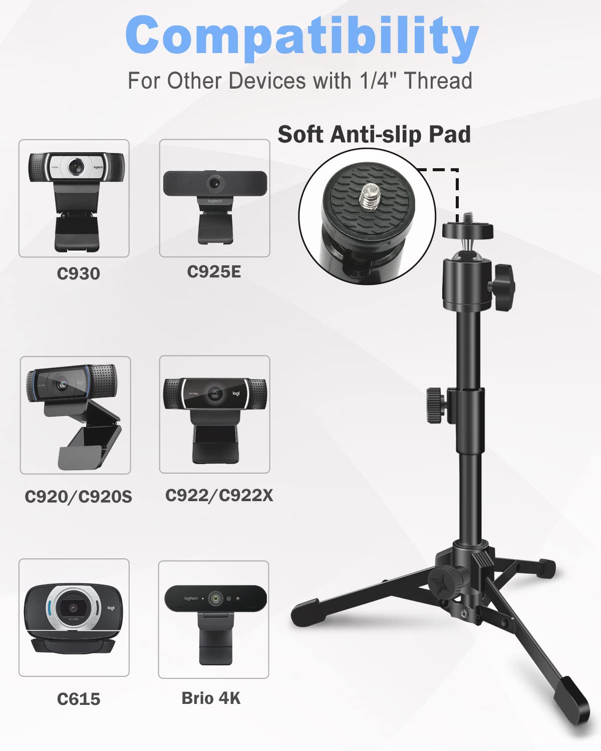 Mictop Desktop Webcam Tripod Stand, Extendable Webcam Camera Stand Tripod For Logitech Stream Webcam C925E C922X C922 C930E C930 C920 C615 And Other Devices With 1/4" Thread