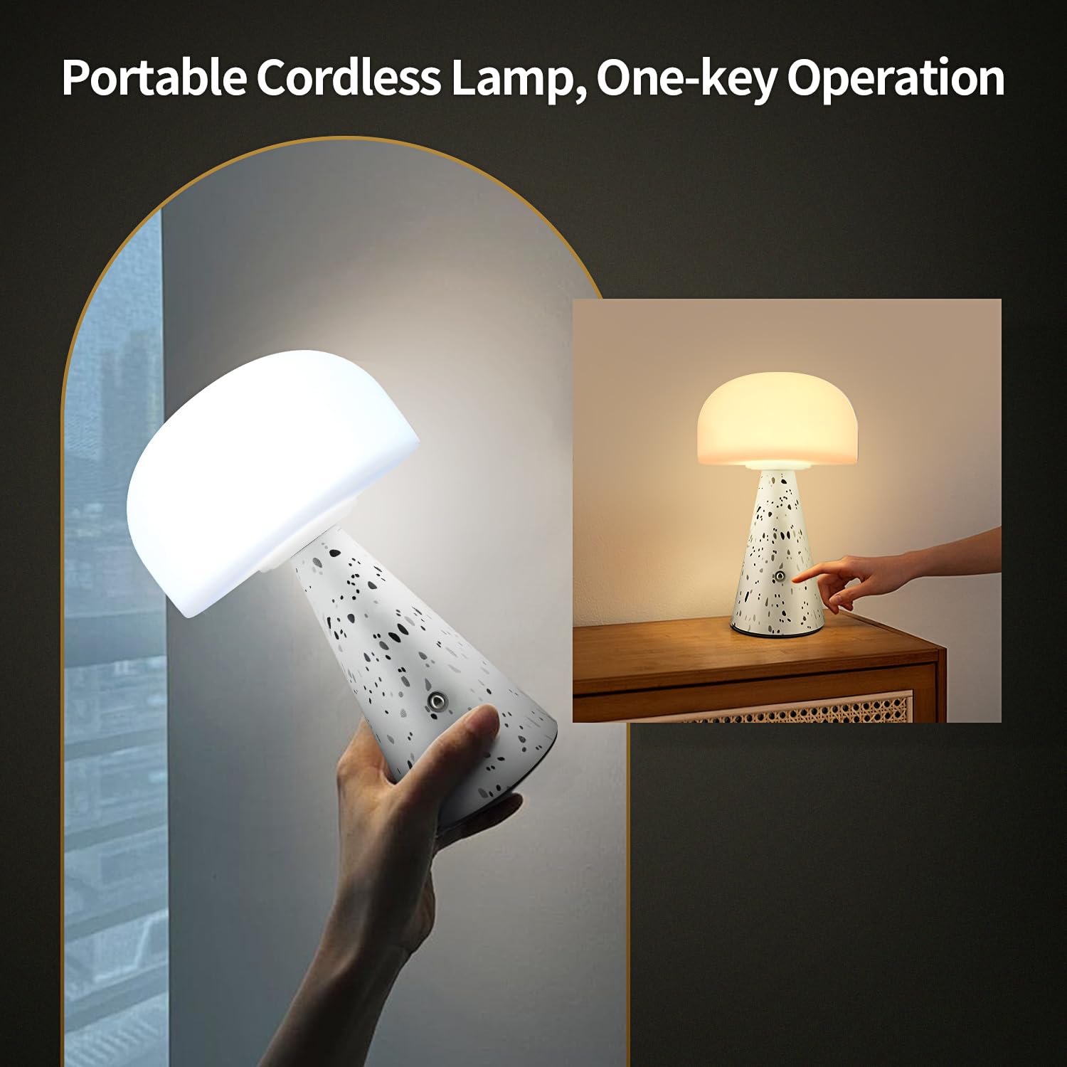 Levigo Cute Mushroom Table Lamp With Touch Switch, Natural Style Portable Cordless Led Dimmable Soft Light Lamp (Black)