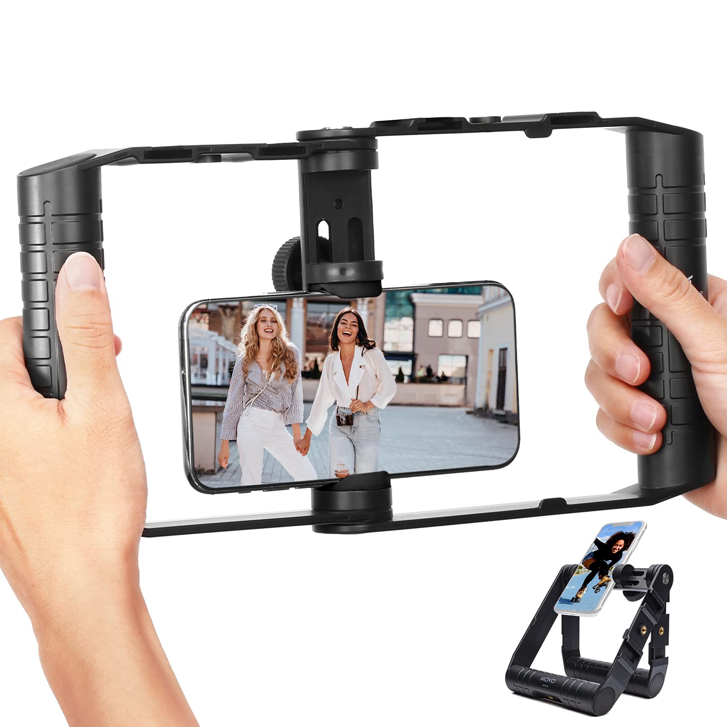 Movo Spr-20 Foldable Smartphone Video Rig Cage With Cold Shoe Mounts For Microphone Or Led Light - Vlogging Mount Compatible With Iphone, Android - Smartphone Video Stabilizer Grip - Filming Equipment