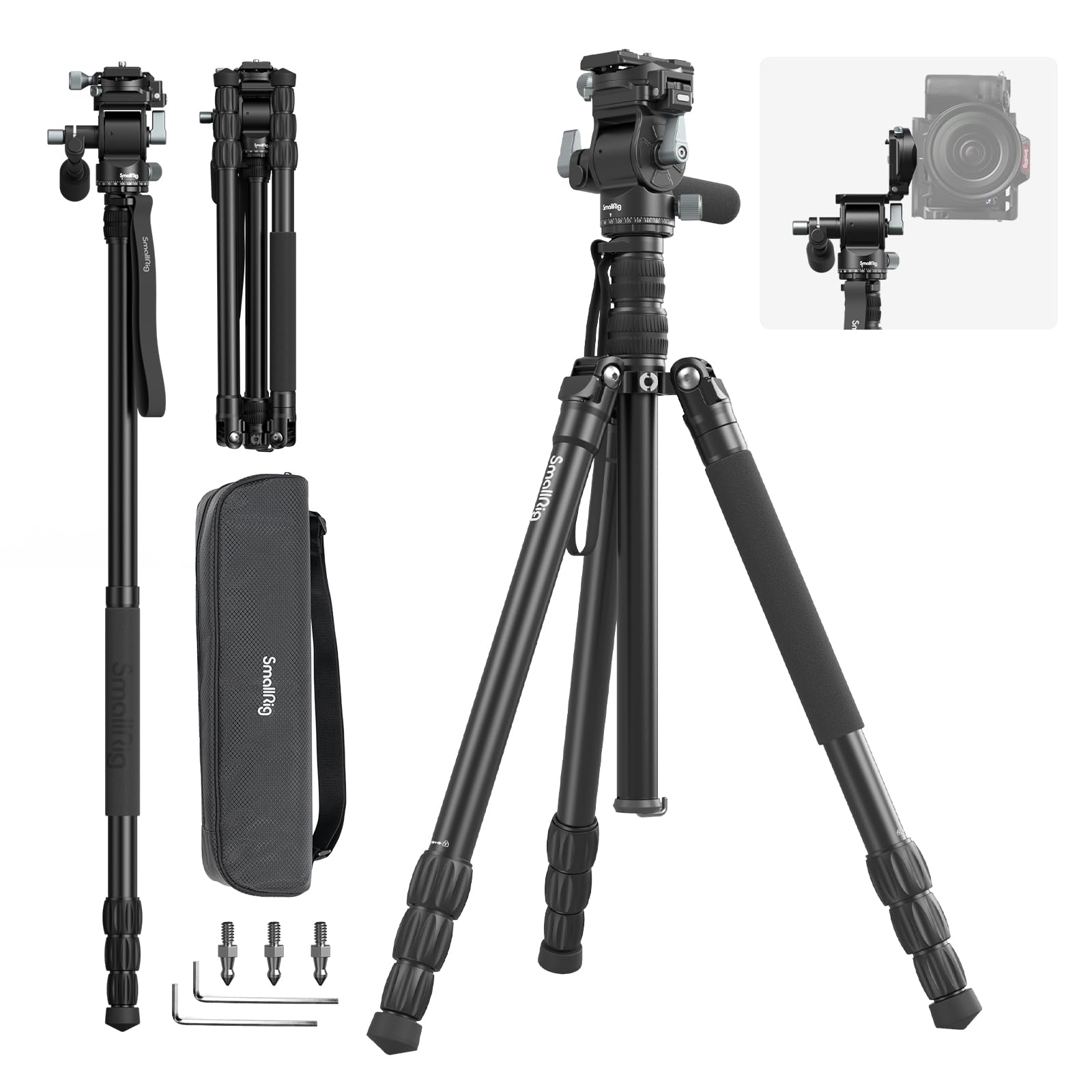 Smallrig Ct195 Video Tripod Kit, 73" Camera Tripod With Pan Tilt Fluid Head For Vertical/Horizontal Shooting, Max Load 15Kg / 33Ibs For Camcorder, Mirrorless, Dslr - 4307