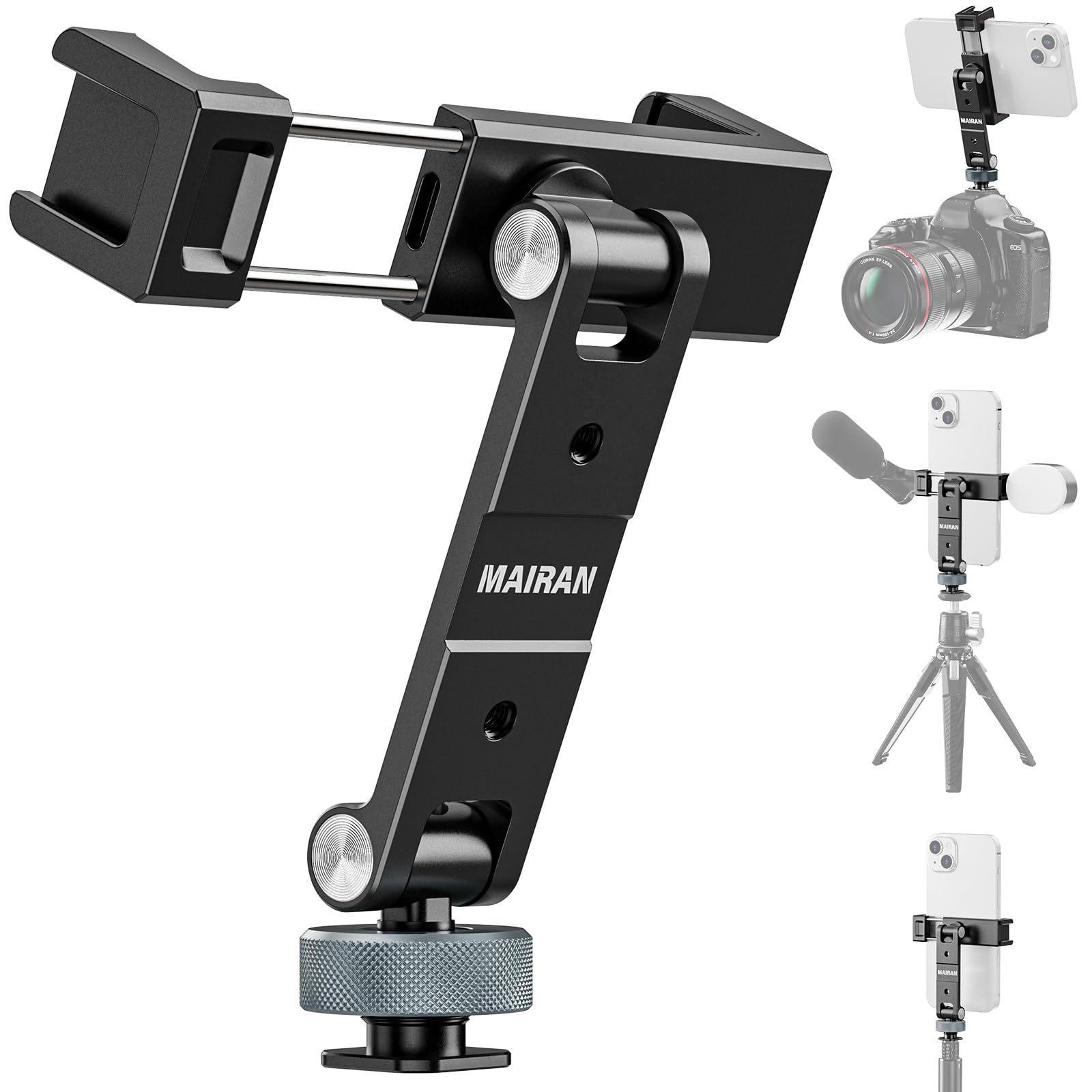 Mairan Metal Phone Tripod Mount Cell Phone Stand Holder With 3 Cold Shoes And 1/4" Screw Mounts Aluminum Smartphone Tripod Adapter With 360° Rotation 180° Tilt Angle For Desktop Tripod Video Live Streaming