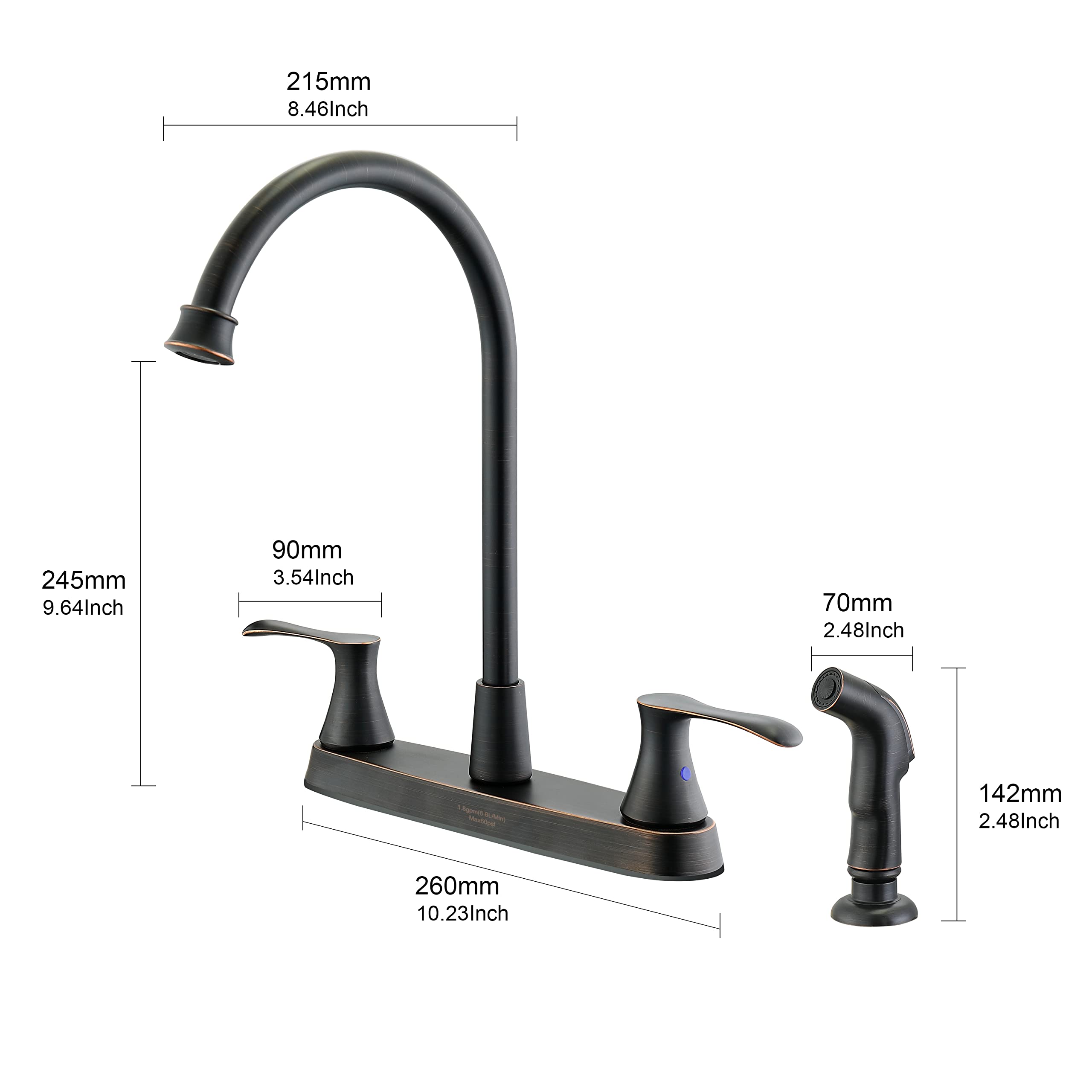 Kirlystone Oil-Rubbed-Bronze Kitchen Faucet With Side Sprayer, Bronze 2-Handle Faucet For 4 Holes Kitchen Sink