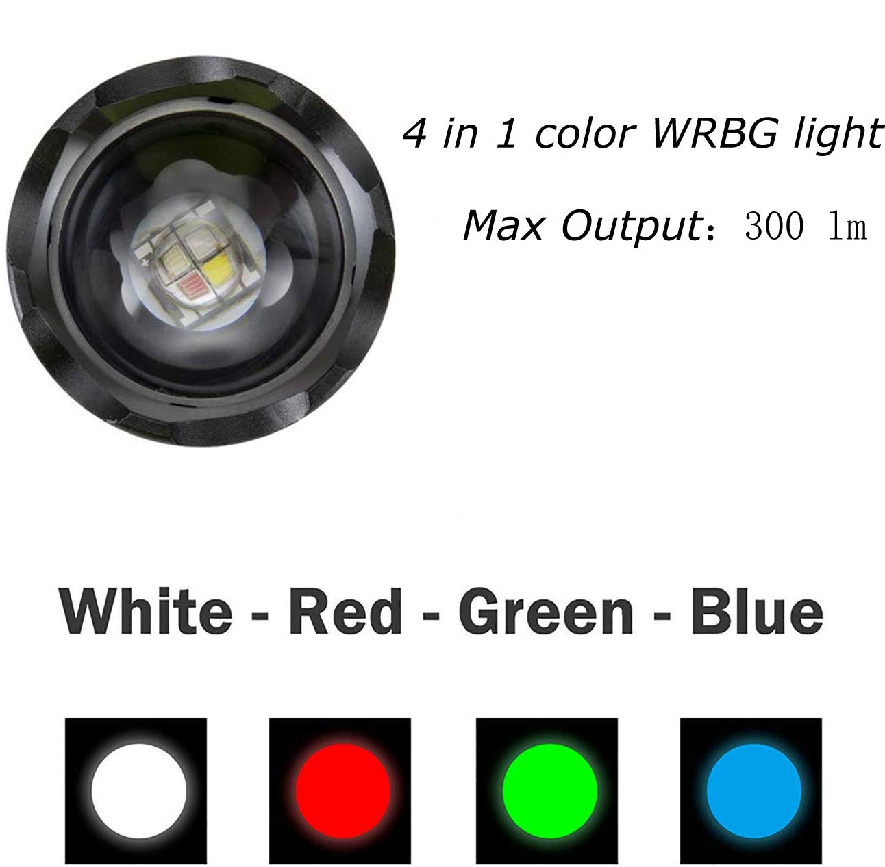 Lcyyo 4 In 1 Multicolor Flashlight, 300 Lumen Zoomable One Mode White Red Green Blue Light, Hunting Flashlight
