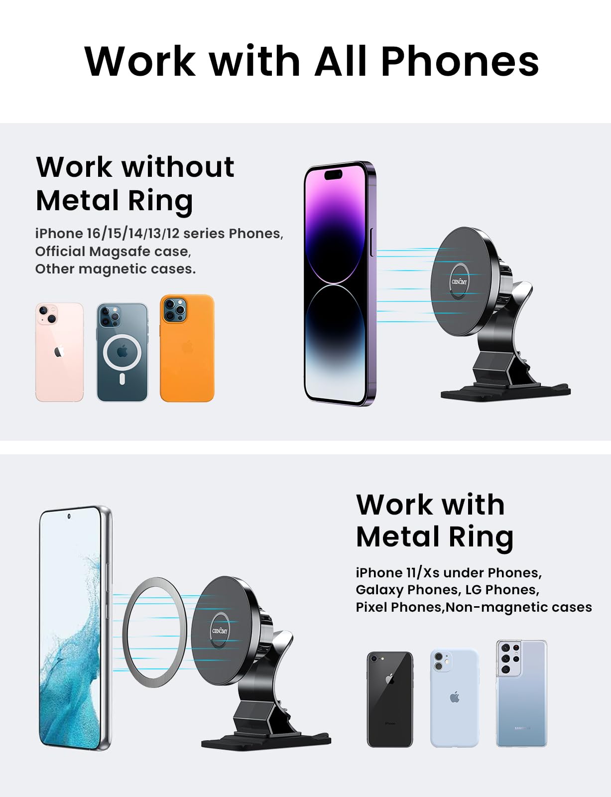 Ciencimy Compatible With Magsafe Car Mount, Magnetic Dashboard Car Mount Fit For Magsafe Case Iphone 16 15 14 13 12 Pro Max Mini Plus, 360° Adjustable, Strongest Magnetic Car Holder For All Phone