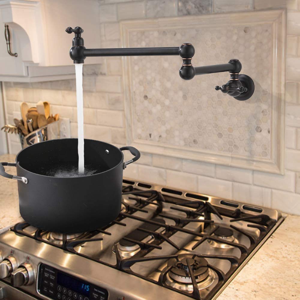 Vokim Pot Filler Faucet Wall Mount Oil Rubbed Bronze Kitchen Faucet,With Double Joint Swing Arms,Single Hole, 2 Handles Faucet