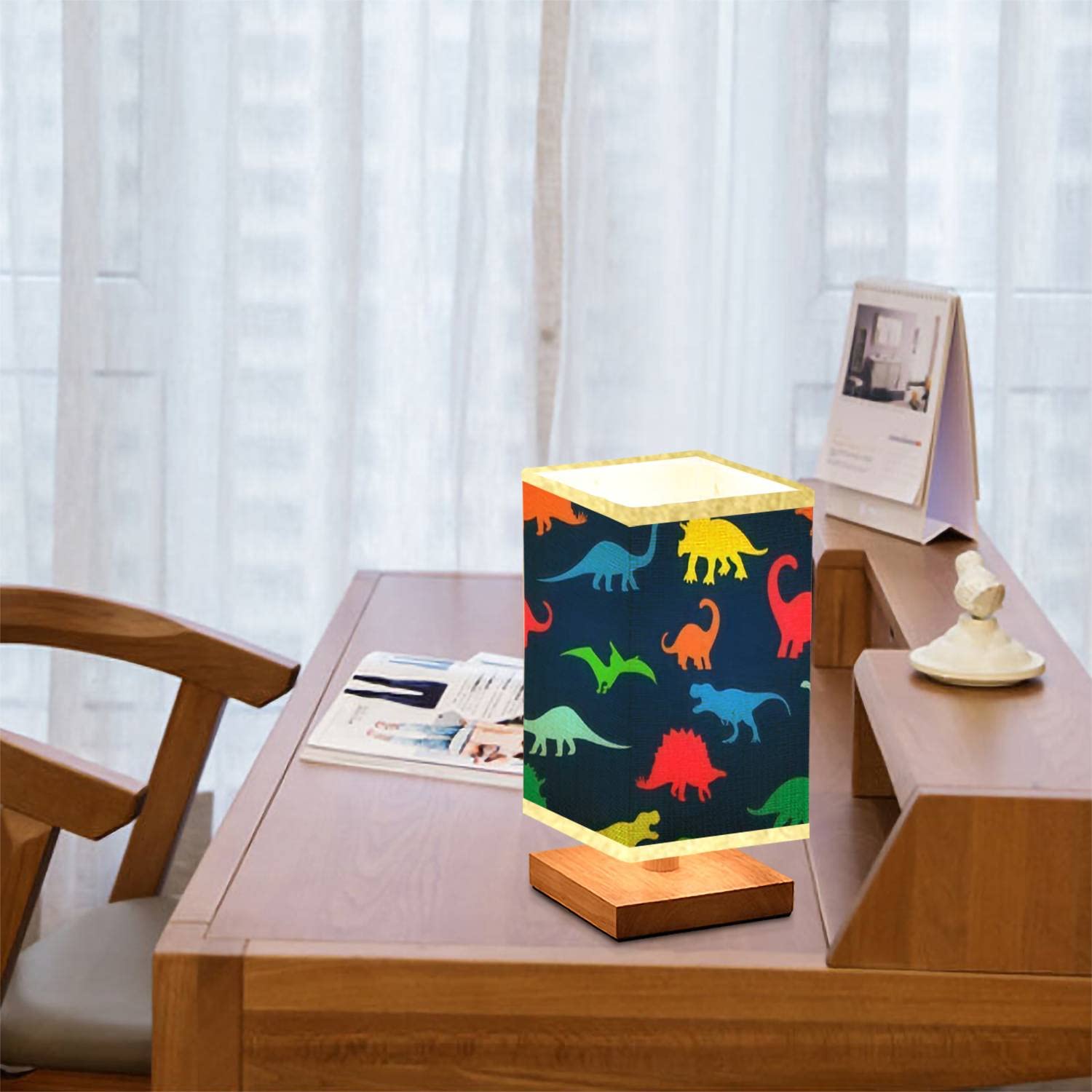 Svjklajfpi Square Bedside Table Lamp Seamless Repeat With Colorful Neon Dinosaur Silhouettes On A Navy Blue Wooden Base Flaxen Fabric Shade Dimmable Nightstand Desk For Bedroom Living Room5.5X10Inch