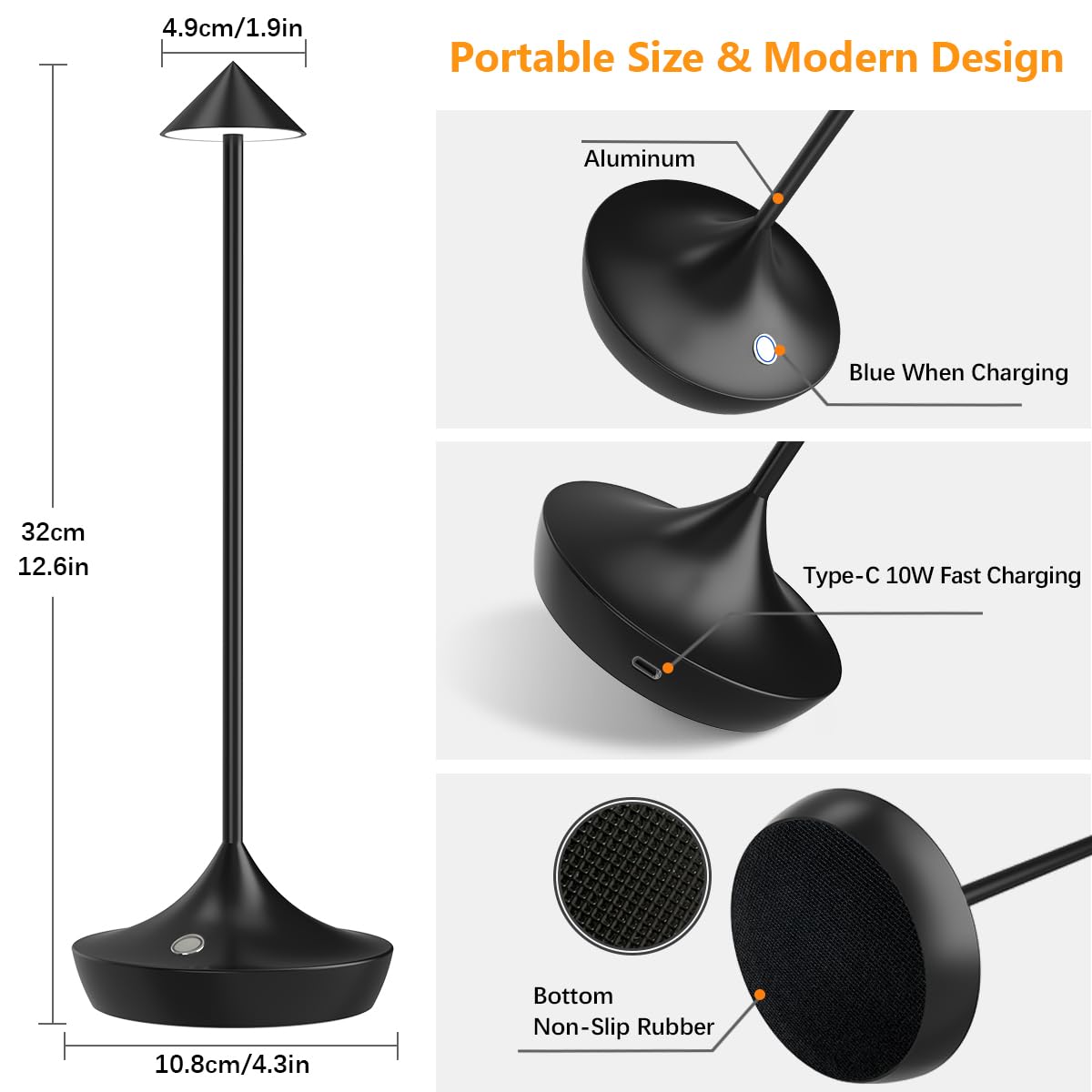 Bravzurg Cordless Table Lamps Rechargeable, 6000Mah Battery Operated Led Touch Desk Lamp Outdoor Waterproof Wireless Dimmable Modern Table Light For Dining Patio Restaurant Home Set Of 2 Black