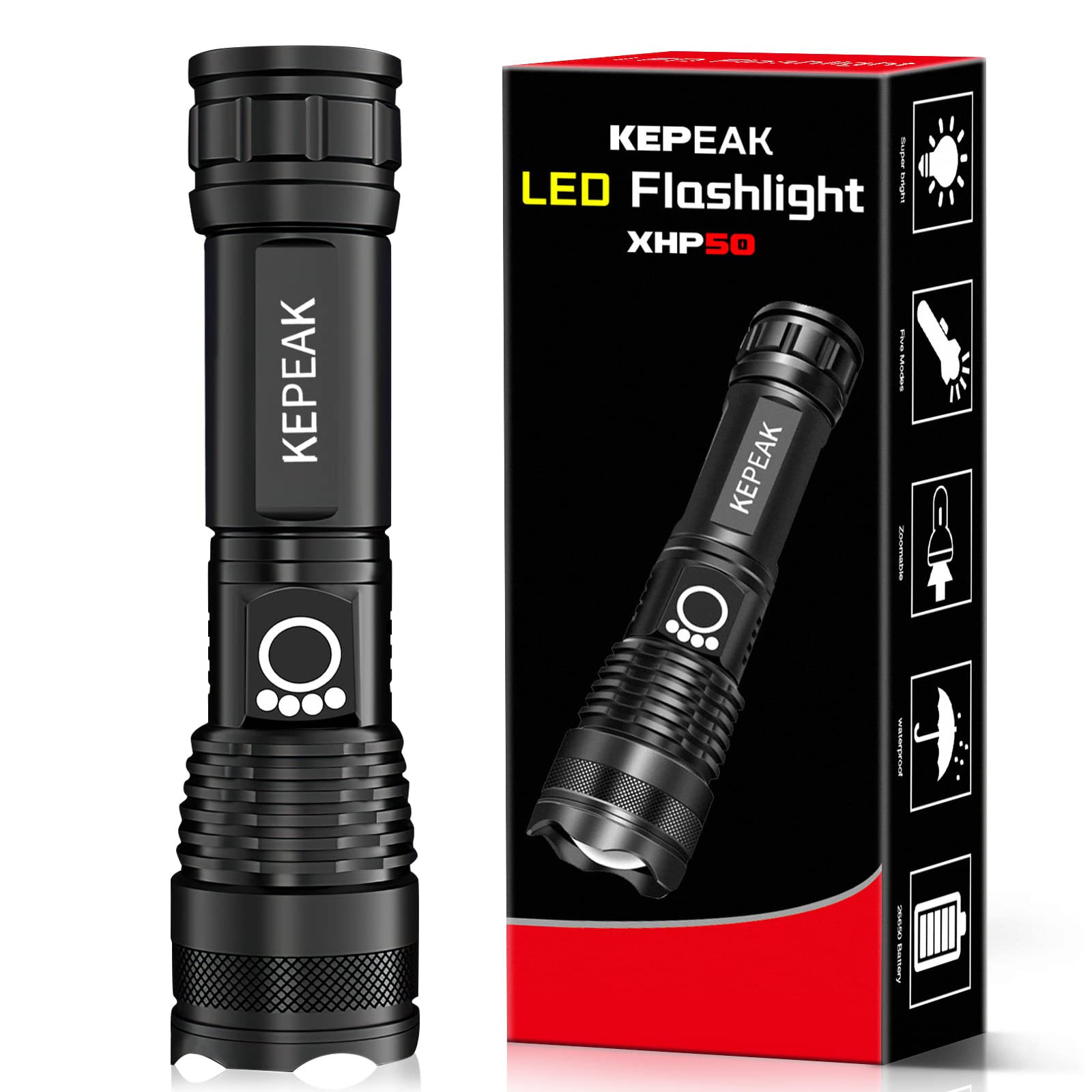 Kepeak Flashlight, Rechargeable 5000 High Lumen Tactical Handheld Waterproof Zoomable Led Flashlight With 5 Light Modes For Emergency, Camping And Hiking