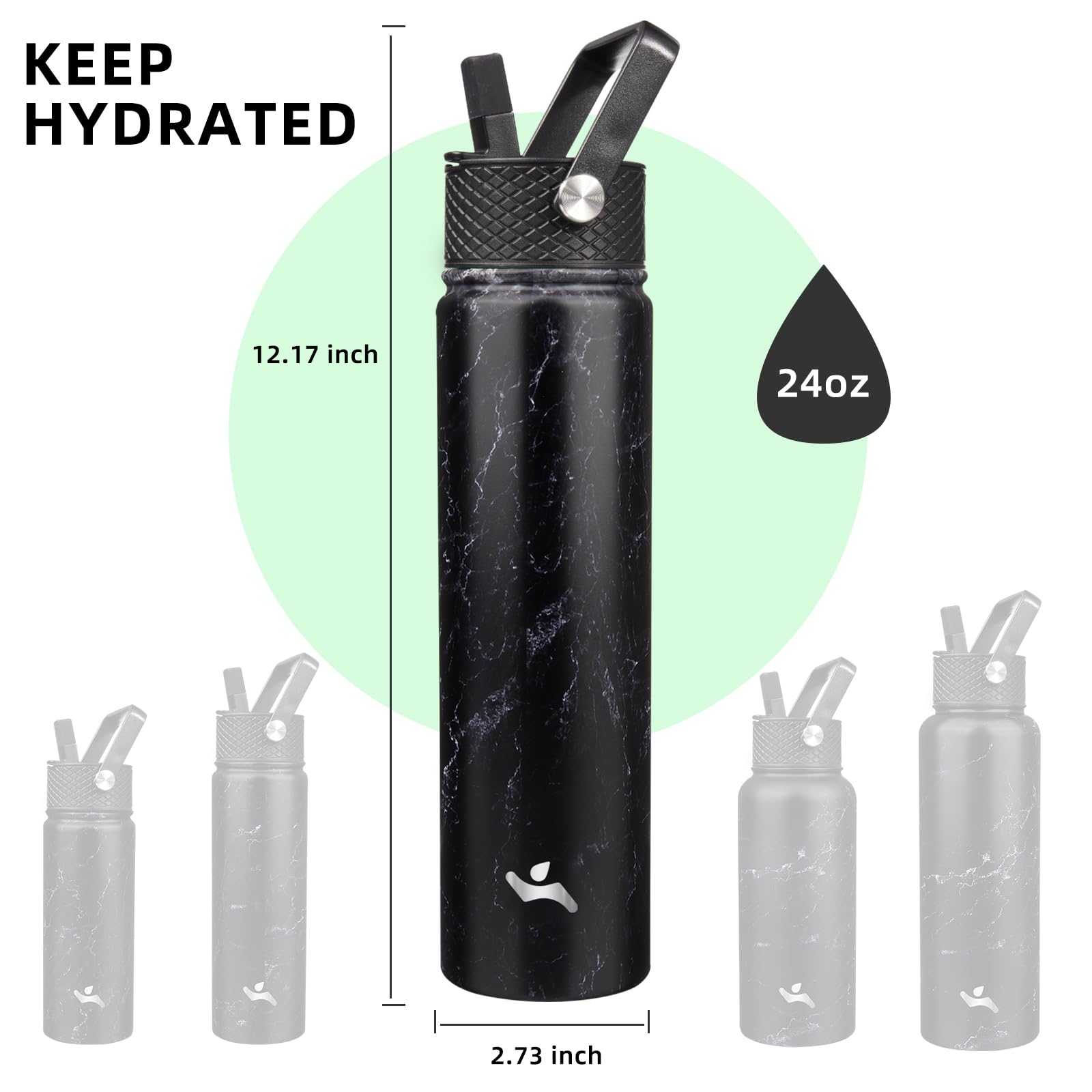 Insulated Water Bottle 24Oz Stainless Steel Sport Bottles With 3 Lids,Marble Midnight