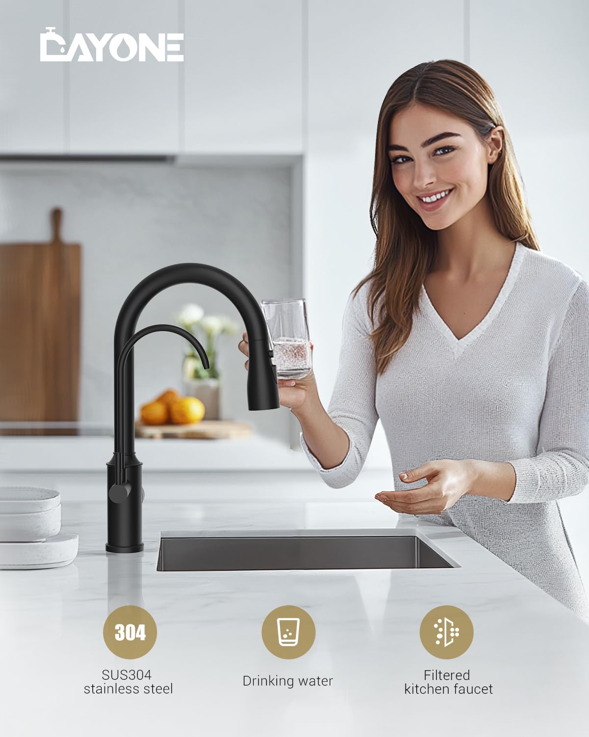 Dayone Kitchen Faucet With Drinking Purfied Water Faucet Black, Stainless Steel 3 In 1 High Arc Sink Tap, 2-Handle 3-Way Pull Down Sprayer, (Without System)