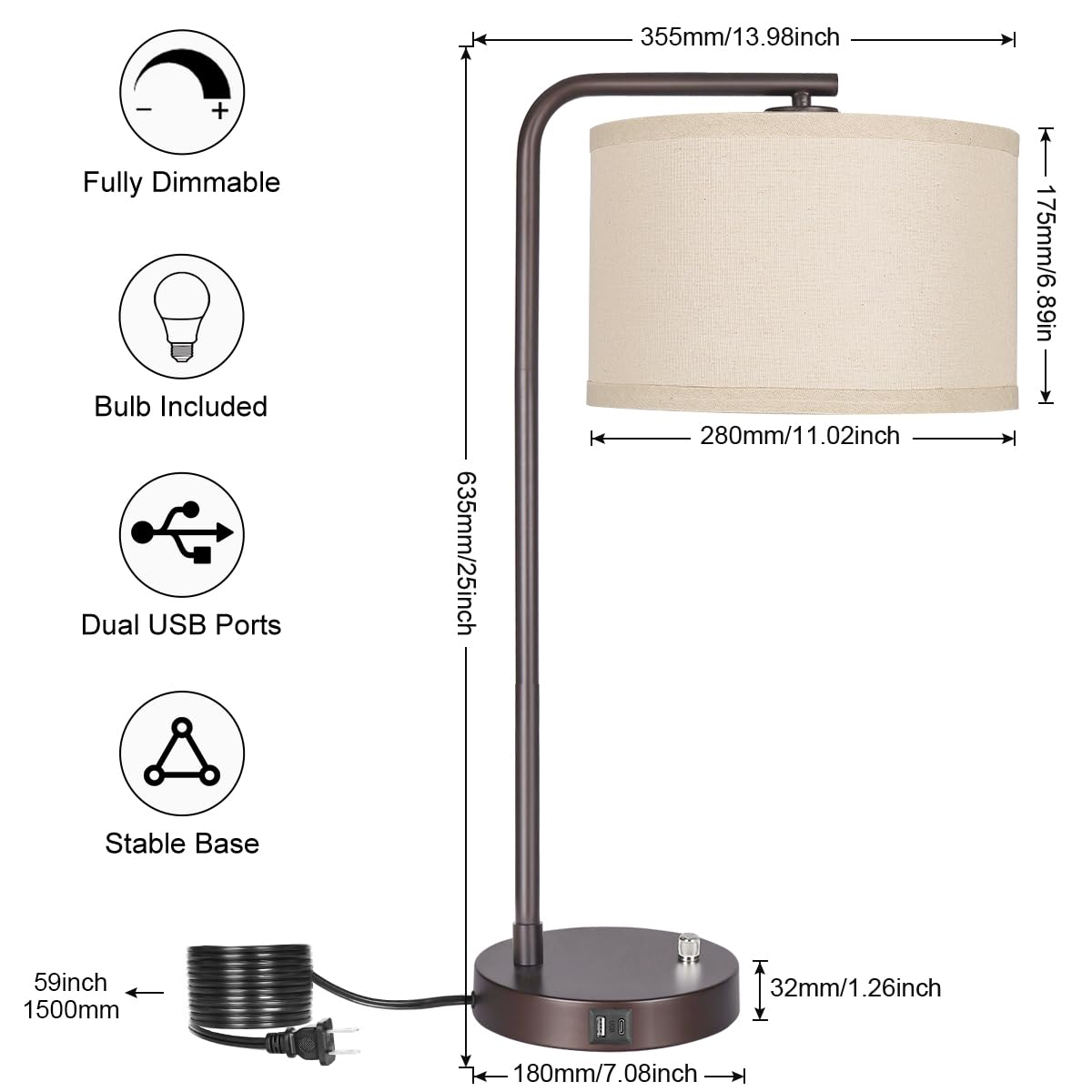 Seaside Village Table Lamp With Usb C+A Ports, Fully Stepless Dimmable Modern Bedside Nightstand Lamp, Tall Reading Desk Lamp For Bedroom, Living Room, Study Room, Office, 9W 3000K Led Bulb Included