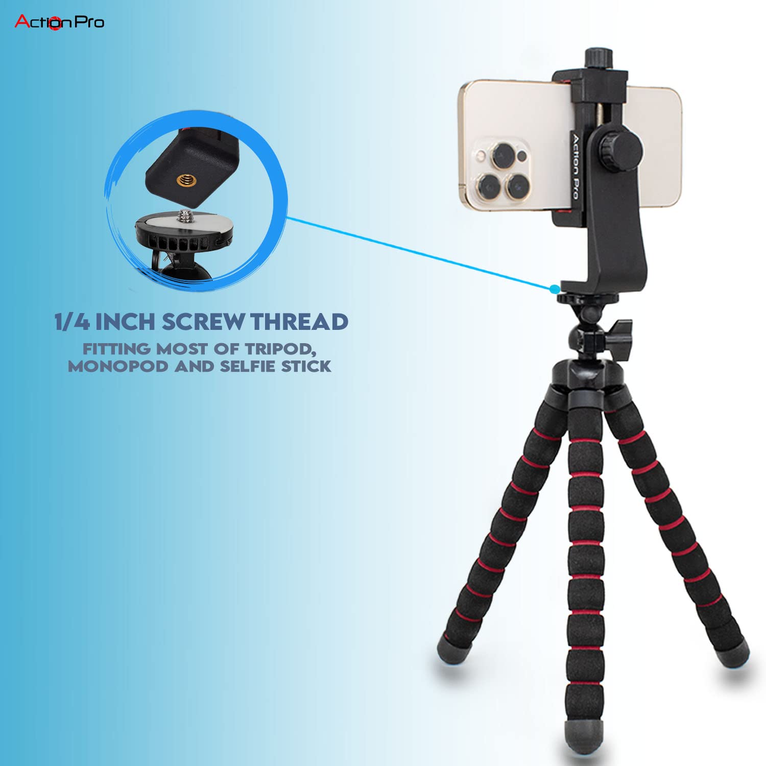 Action Pro 360 Phone Holder/Vertical And Horizontal Tripod Mount Adapter Rotatable Bracket With 1/4 Inch Screw, Adjustable Clip For Iphone, Android Cell Phone, Selfie Stick, Camera Stand