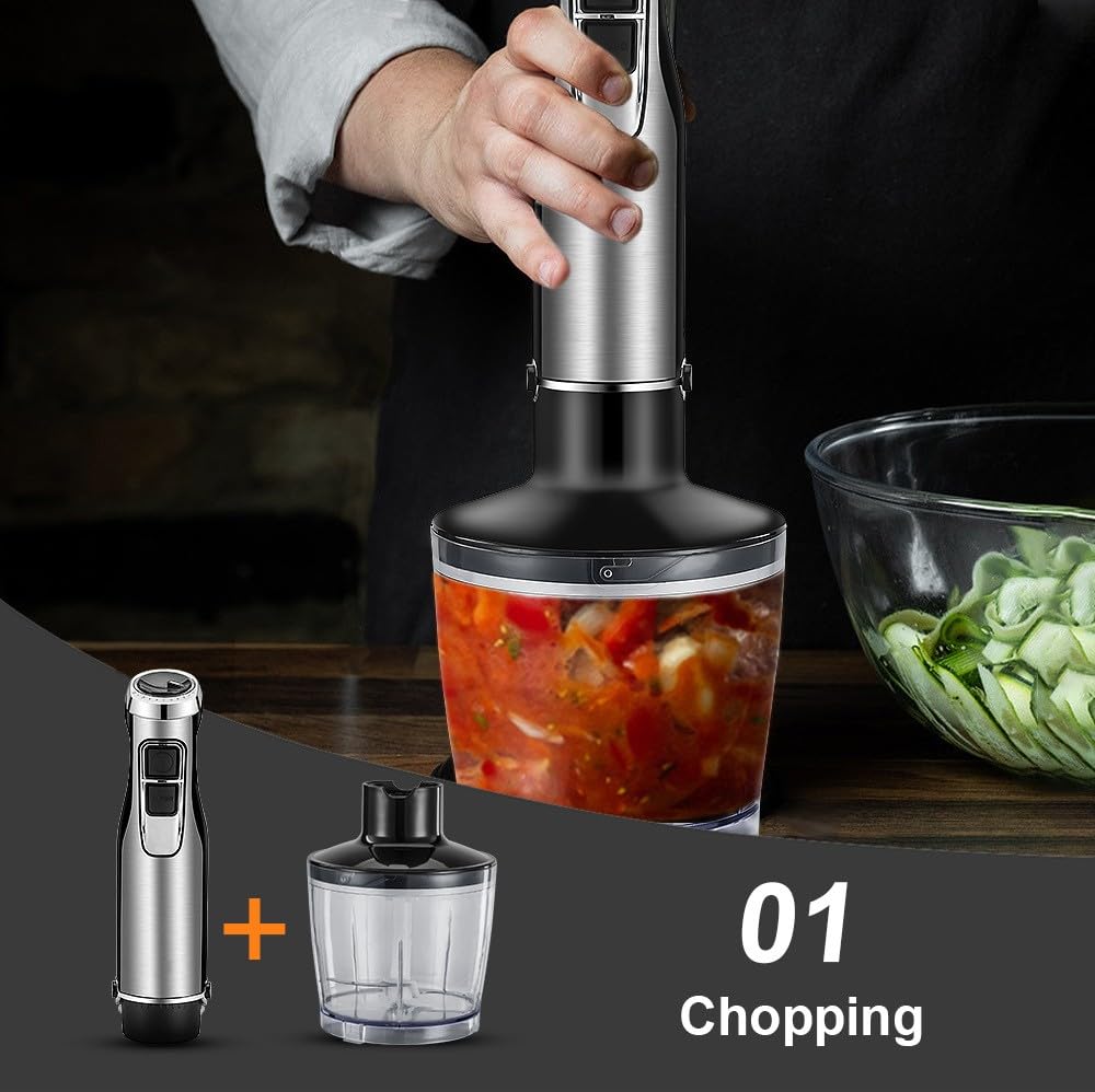 Byhip Immersion Blender 4 In 1 Hand Blender 800W Heavy Duty Motor, 15 Speed And Turbo Handheld Blender Stainless Steel Blade With 800Ml Mixing Beaker, 500Ml Chopper, Whisk And Milk Frother (Silver)