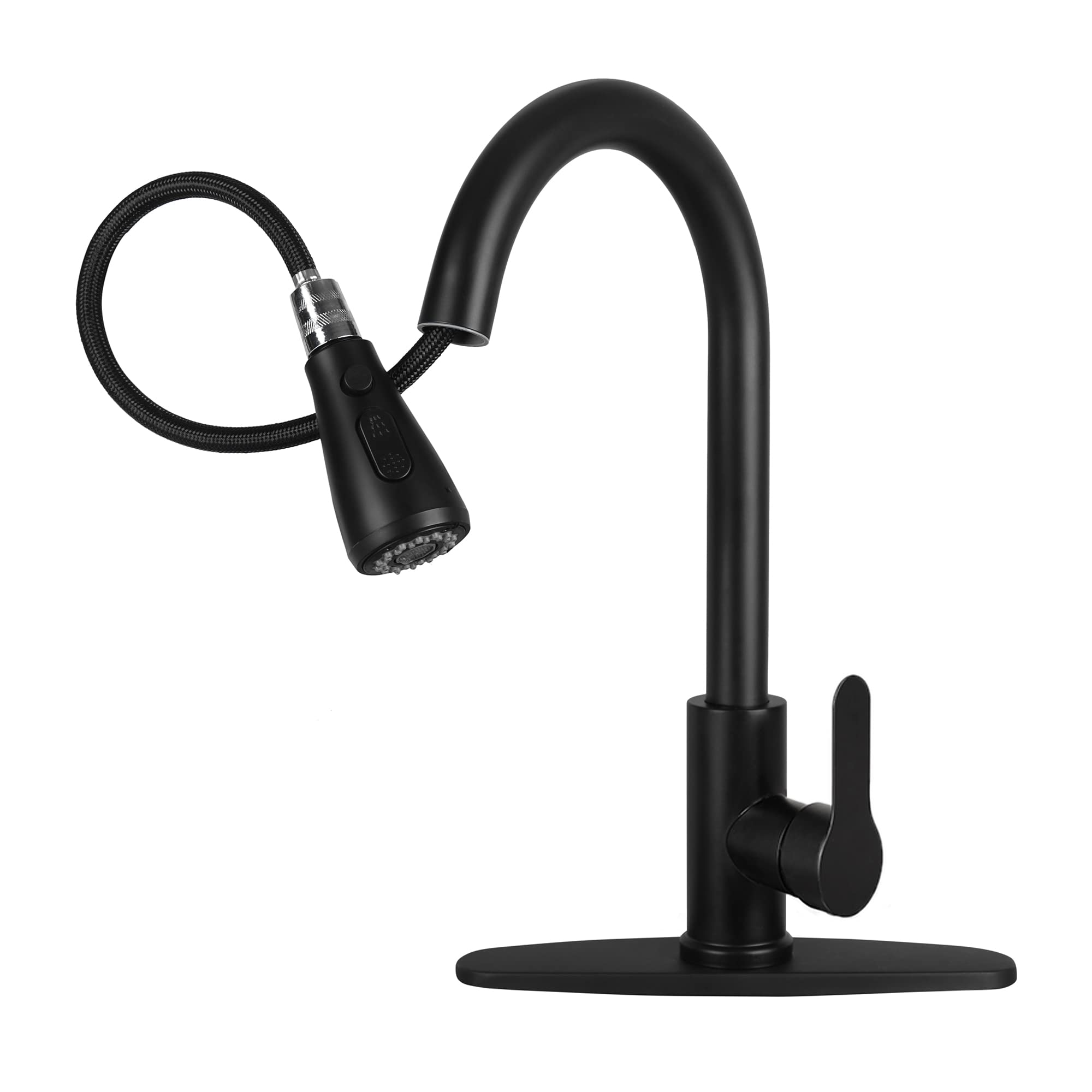 Cilaixi Kitchen Sink Faucet With Pull Down Sprayer With Deck Plate Home Handle Stainless Steel 360 High Arc Swivel Efficient Cleaning Brushed Out Kitchens Tap Faucets (Matte Black)