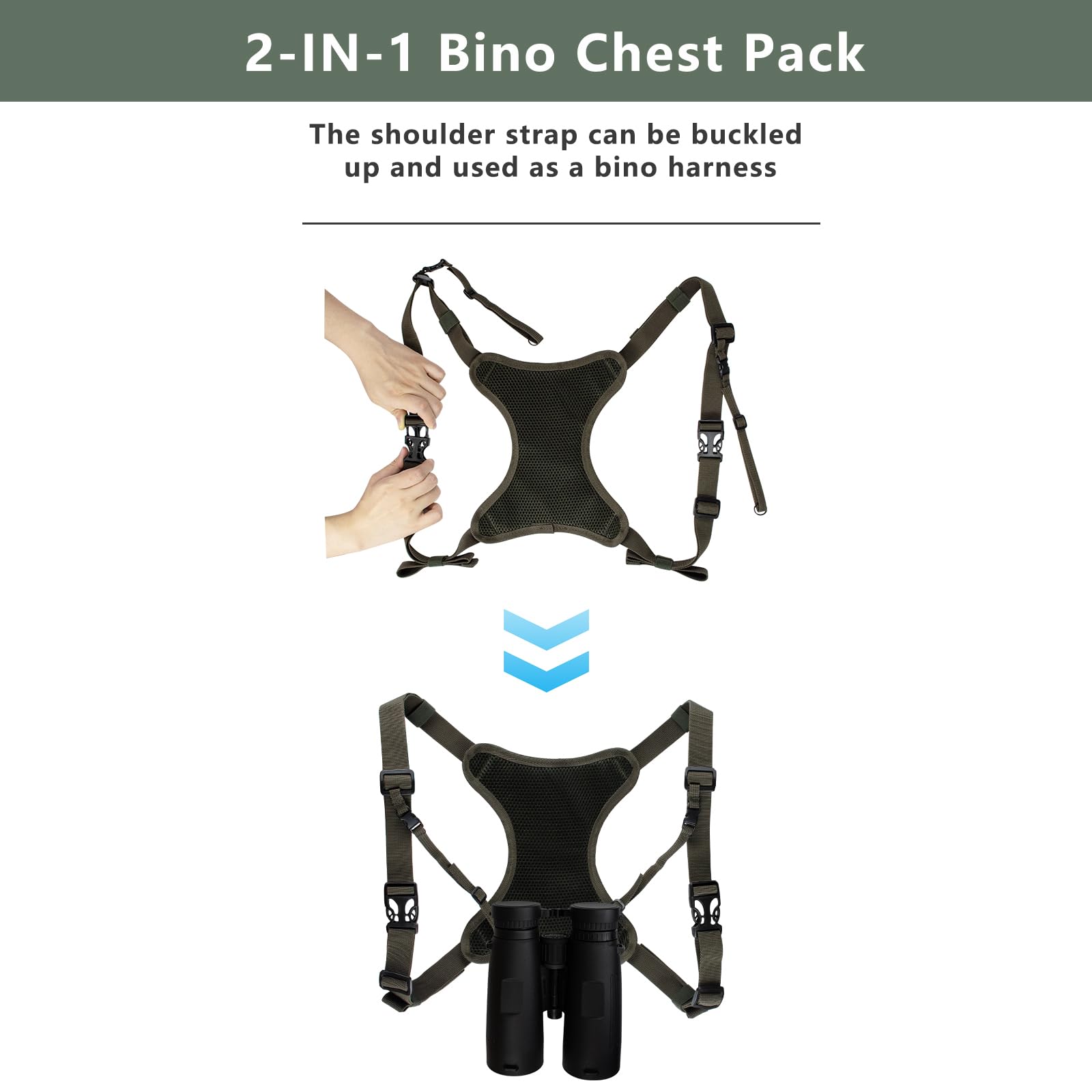 Wolfhunt Binoculars Harness For Hunting With Rangefinder Pouch, Binocular Chest Pack Built-In Magnetic Snap Design, Bino Harness Bag Case Adjustable Strap, Lens Cleaning Cloth, Triple-Use