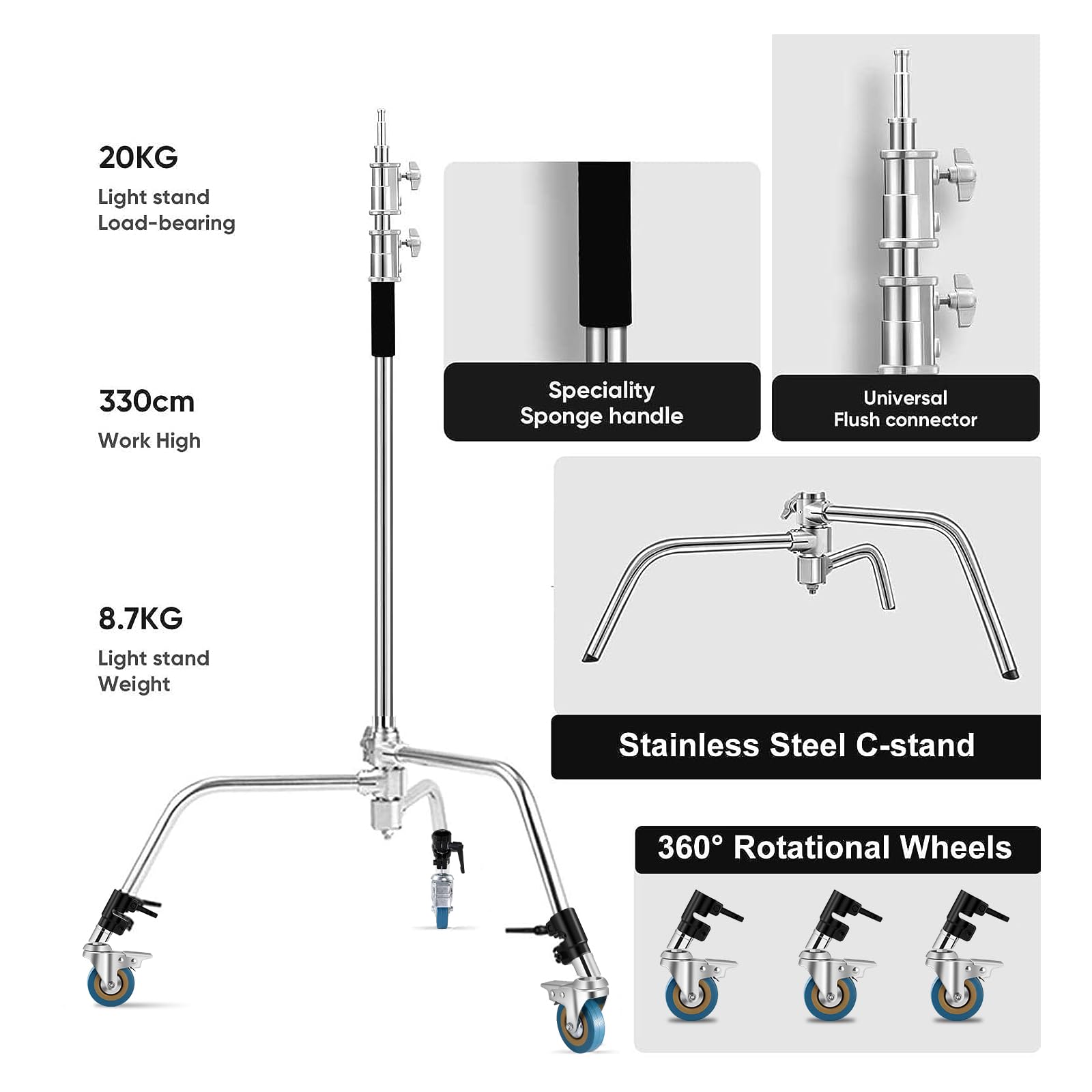 Soonpho Heavy Duty C Stand 11.3Ft/345Cm Light Stand With 4.2Ft/128Cm Boom Arm Wheels Sturdy Stainless Steel Century Stand For Photography Studio Video Reflector, Umbrella, Softbox And Monolight