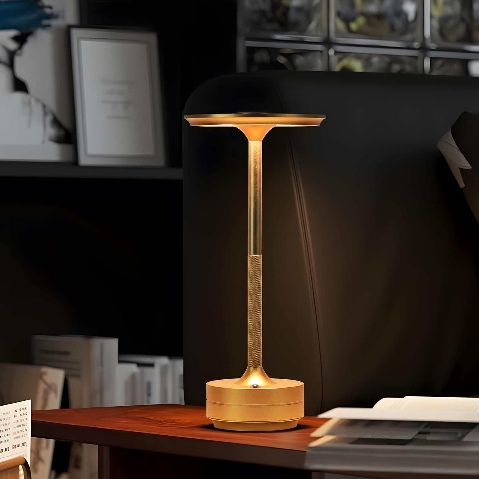 Kroptib Table Lamp,Led Rechargeable Desk Light,3 Color Dimming Portable Battery Lamp, 5000Mah Waterproof Table Light With Memory Function,For Indoor/Outdoor/Dinner/Patio/Restaurant(Gold)