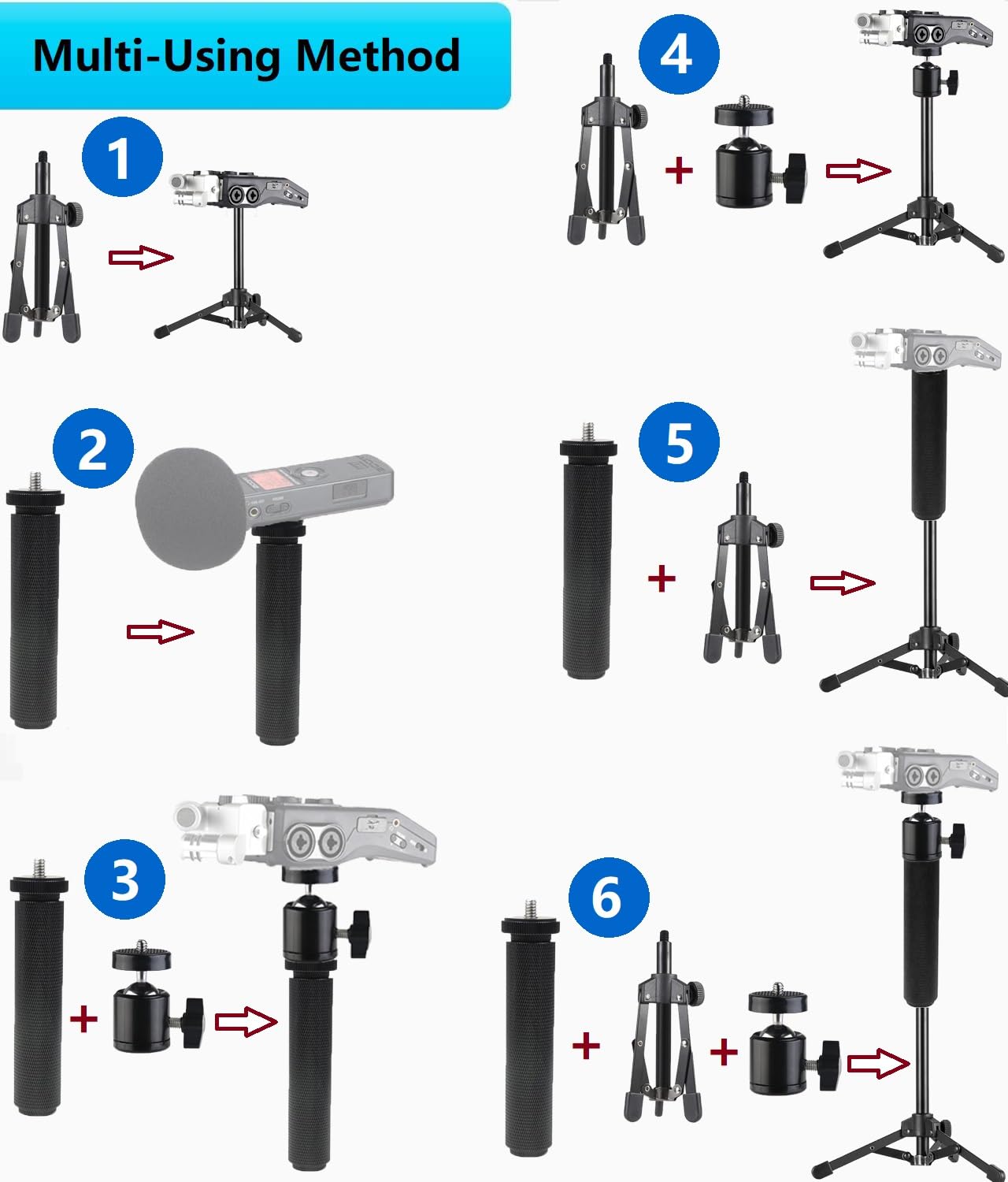 Acetaken Portable Recorder Tripod Stand And Handle Grip Kit Compatible With Zoom H1Essential,H4N Pro,H6,H1N,Q2N,H4Essential,H6Essential,H2N,H5 Handy Recorder And Tascam Dr-40X, Dr-05X, Dr-07X Audio Recorder
