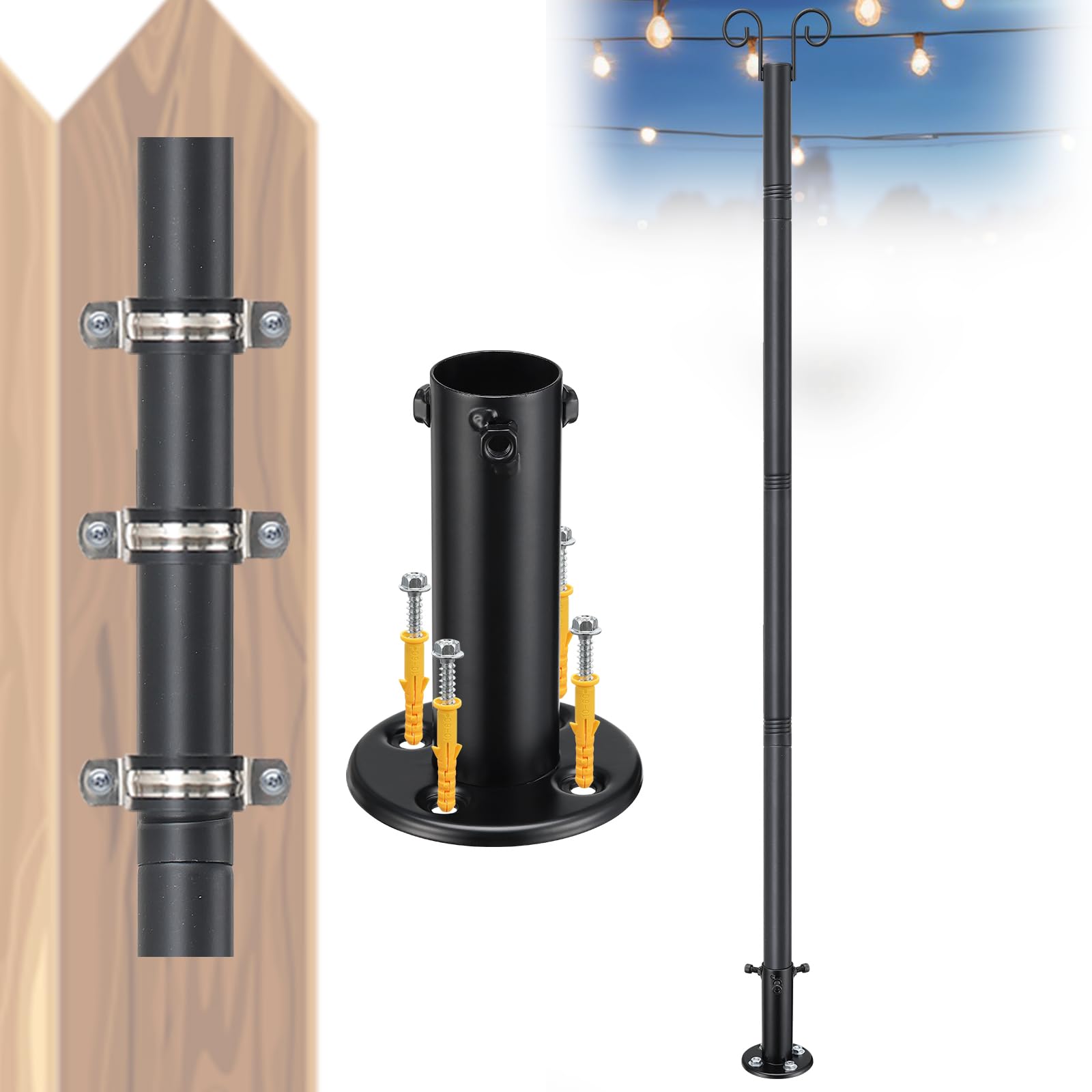 Oliynedy String Light Poles For Outside Deck, Heavy Duty Metal Garden Outdoor Light Poles For Solar String Light Bulbs Hanging Kit, 8Ft Patio Light Poles With Pole Base For Yard Fence Party Backyard Decor