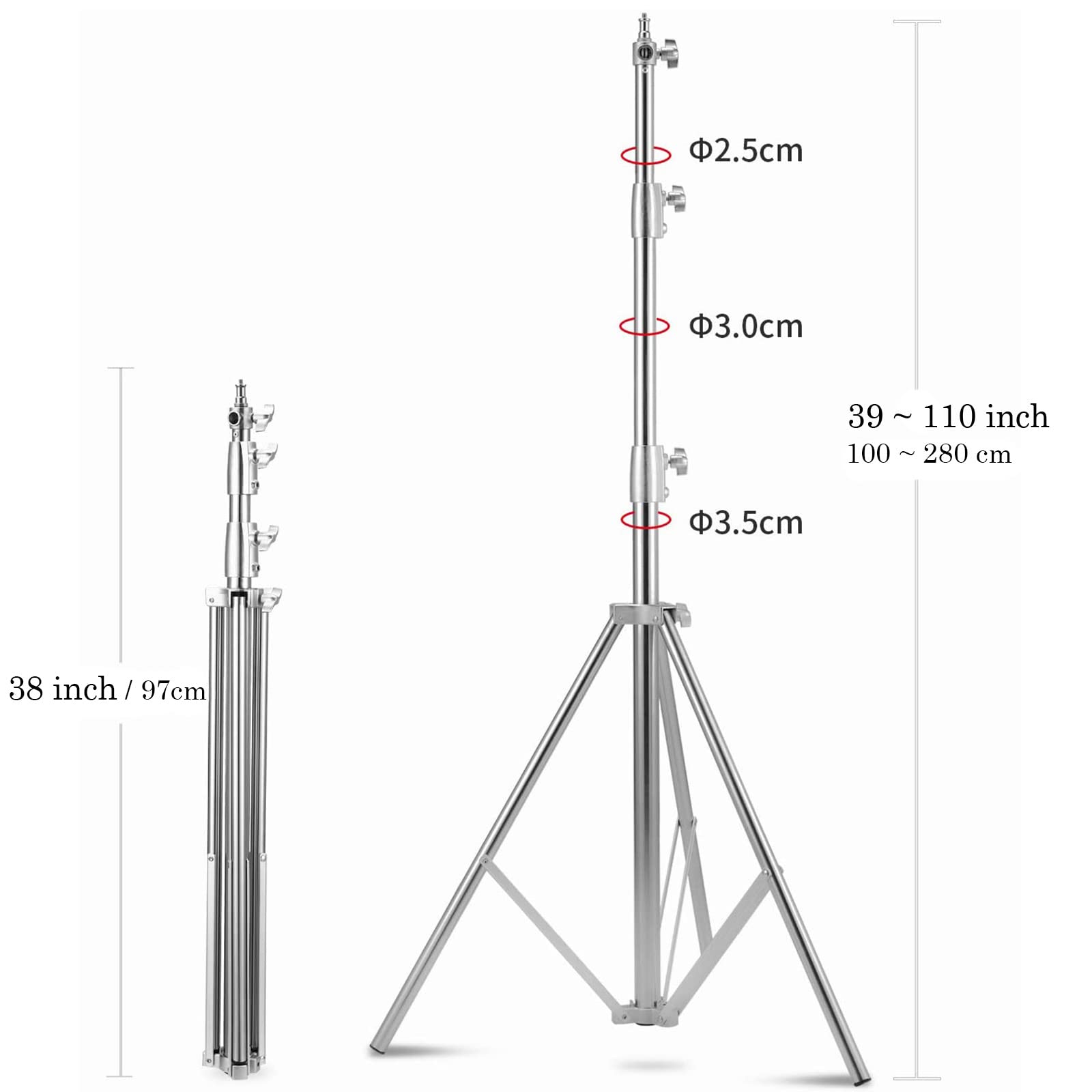 Lapgood Stainless Steel Light Stand 110 Inch/9.5Ft /2.8M, Spring Cushioned Heavy Duty Tripod Stand With 1/4-Inch To 3/8-Inch Universal Adapter For Photography Studio Monolight Reflector Portrait