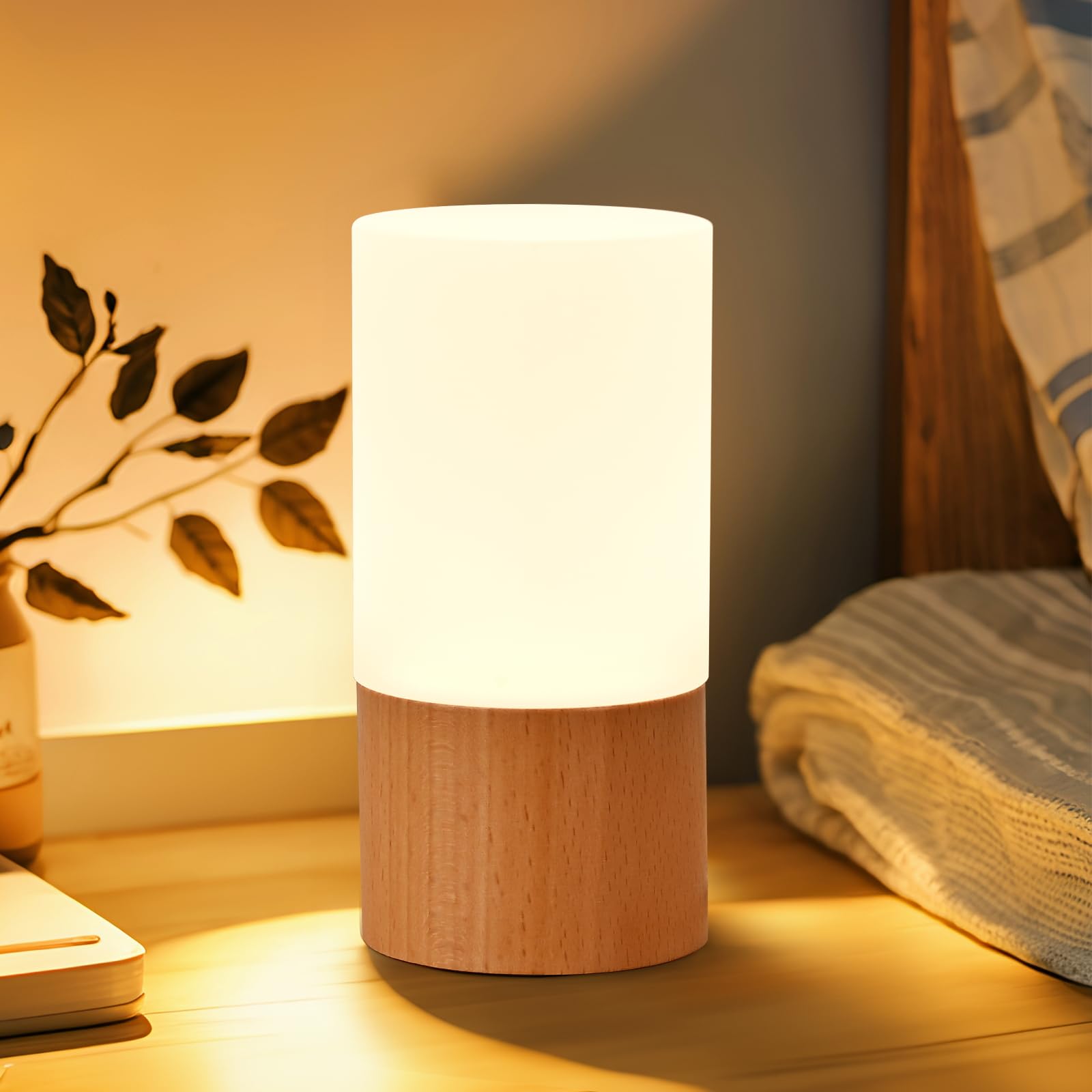 Lonrisway Small Led Wood Table Lamp, Bedroom Bedside Night Light, Dimmable Led Lighting, Creative Home Decor Unique House Natural Beech Warmging