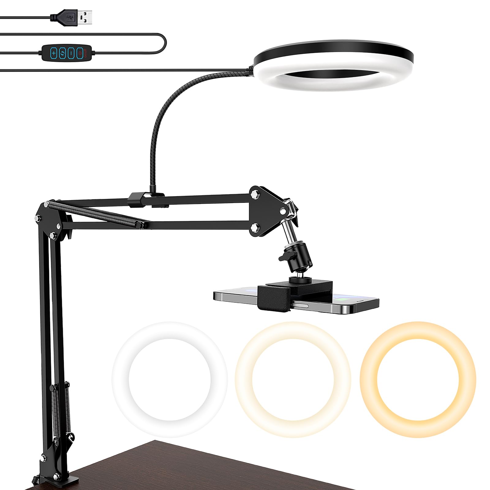 Magloop Overhead Camera Mount With Ring Light, 6‘’ Overhead Phone Mount Compatible With Iphone Camera Webcam, Articulating Arm Phone Mount For Youtube Live Stream Cooking Nail Video Recording
