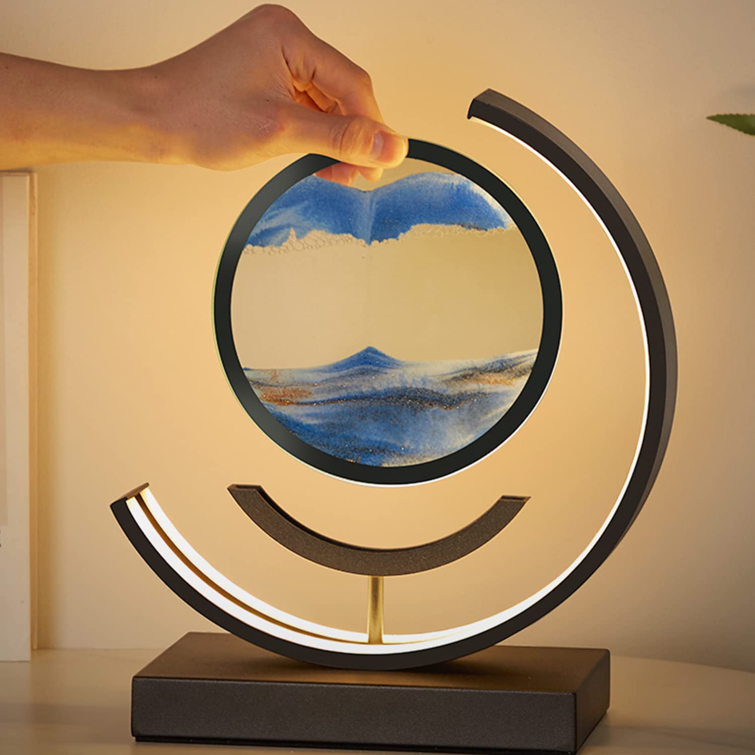Heuanpte Moving Sand Art Table Lamp - 3D Round Picture With 3 Colors And Stand - Relaxing Desktop Home Office Decor